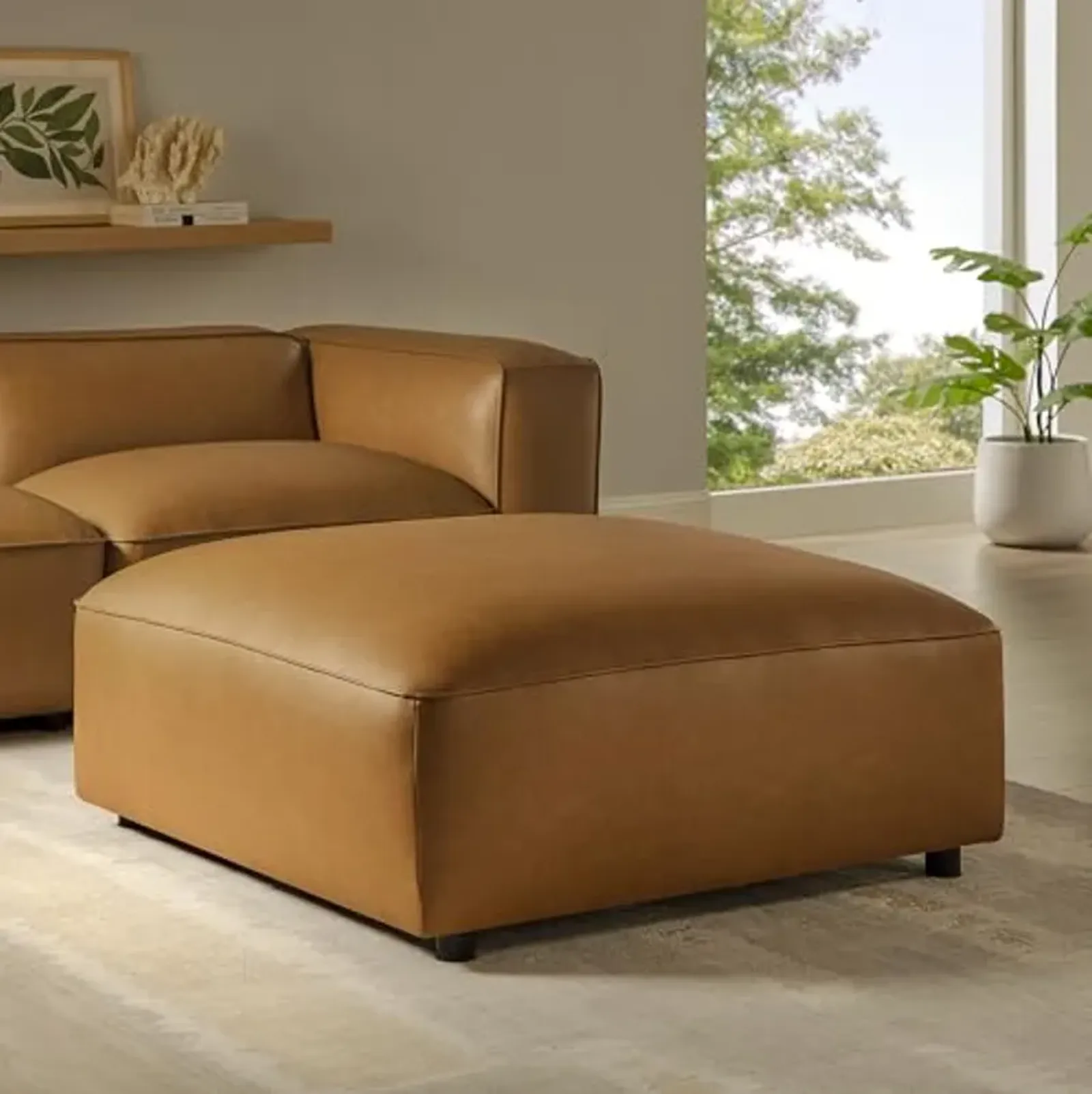 Modway Auren Vegan Leather Ottoman in Camel - Large Square Faux Leather Foot Rest - Oversized Ottoman Seat for Living Room, Apartment, Loft