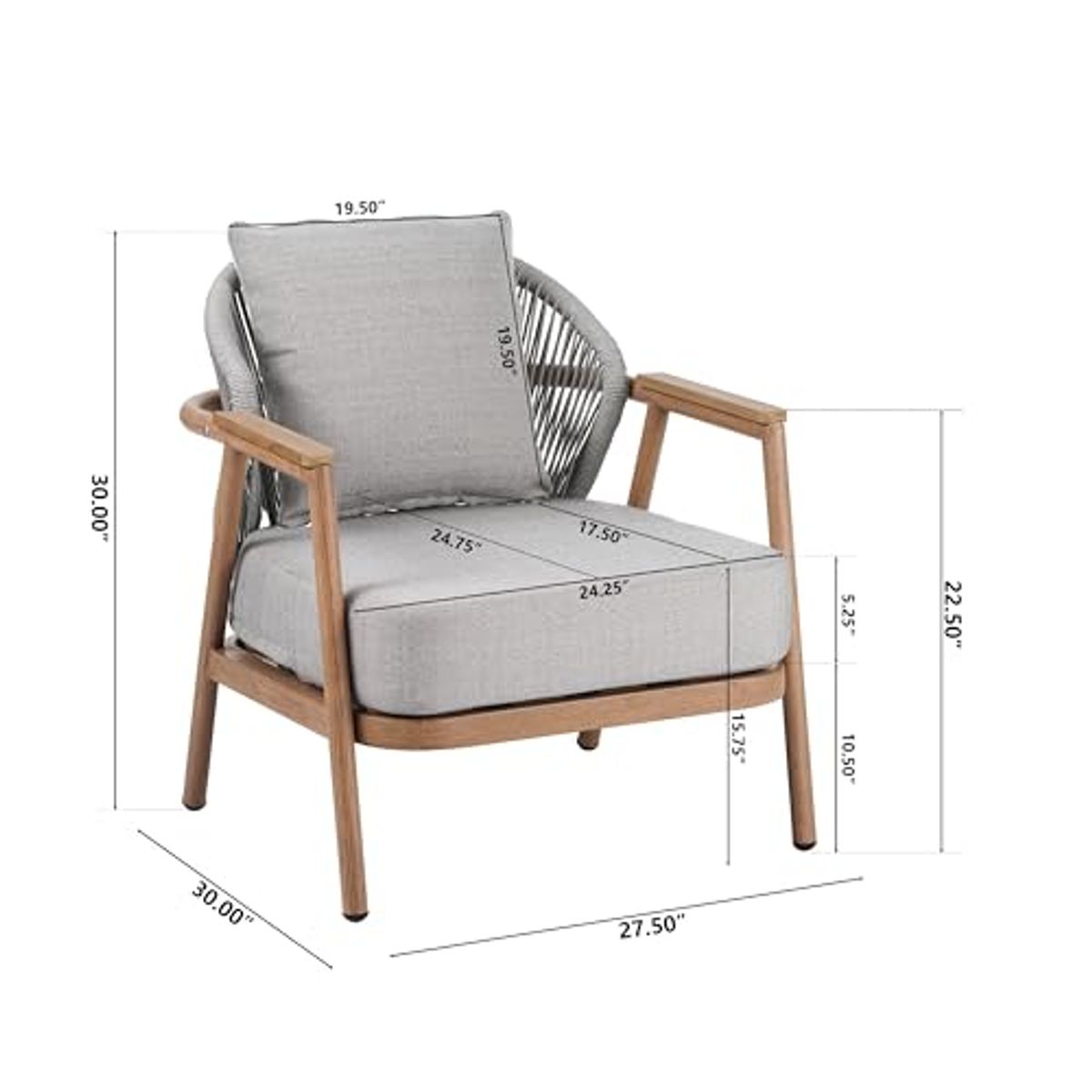 Christopher Knight Home Iron Club Chair, Accent Chair with Cushions, Rope Backrest Armchair, Comfort Seating Cushion Chair, Durable Metal Woven Chair for Balcony, Backyard, Gardern, Poolside, Teak