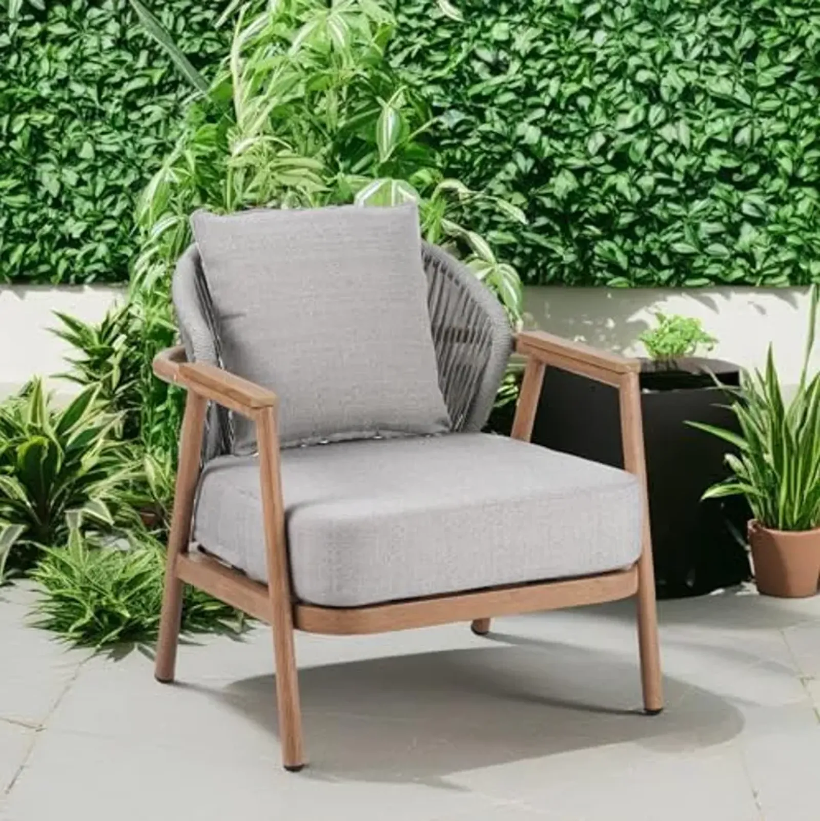 Christopher Knight Home Iron Club Chair, Accent Chair with Cushions, Rope Backrest Armchair, Comfort Seating Cushion Chair, Durable Metal Woven Chair for Balcony, Backyard, Gardern, Poolside, Teak