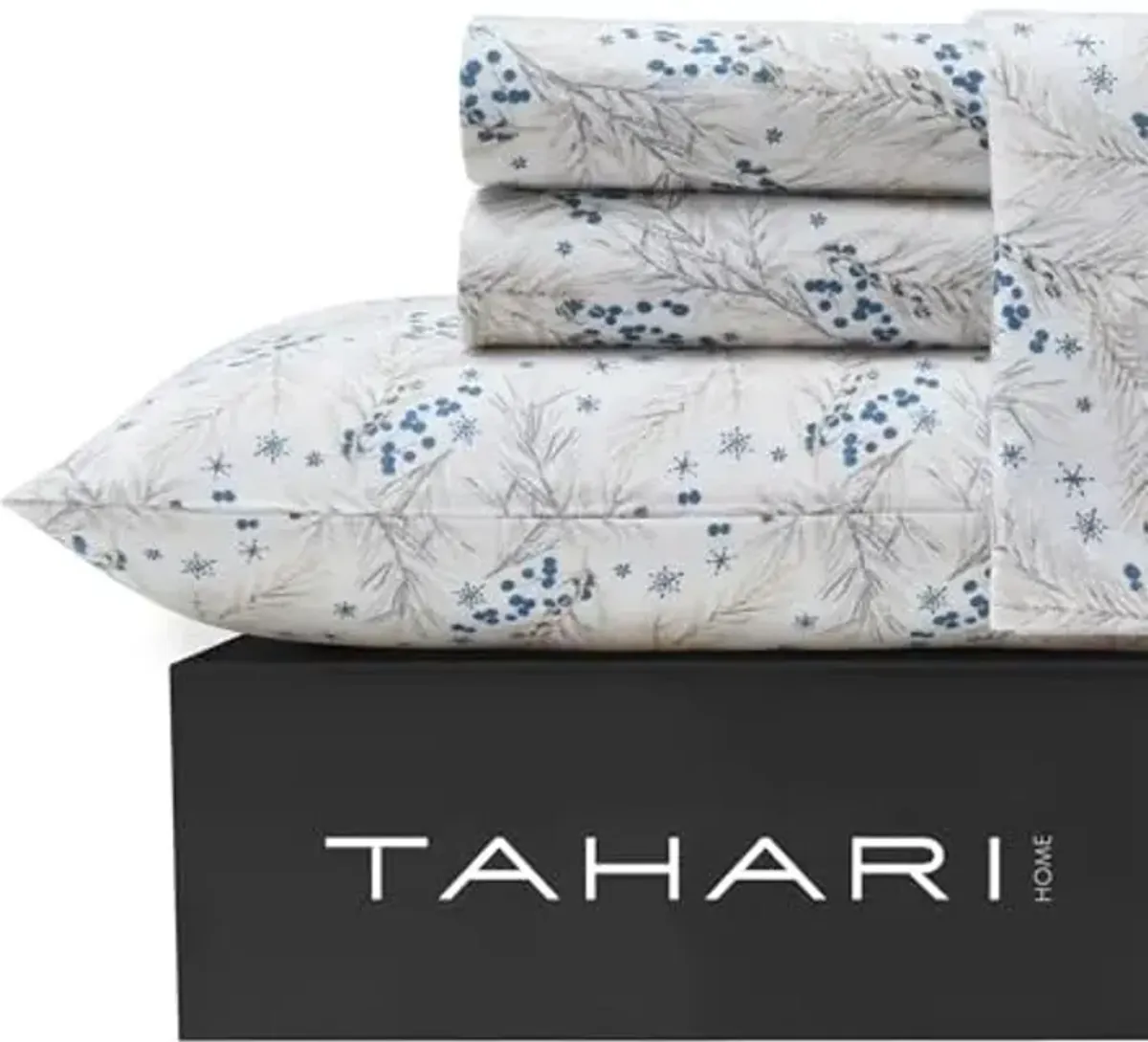 TAHARI Home - Queen Sheets, 4-Piece Cotton Flannel Bedding with Matching Pillowcases, Deep Pockets, Snowflakes & Berries, Brushed for Extra Softness, Cozy Home Decor (Pine Taupe/Blue, Queen)