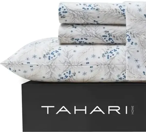 Tahari Home - Queen Sheets, 4-Piece Cotton Flannel Bedding with Matching Pillowcases, Deep Pockets, Snowflakes & Berries, Brushed for Extra Softness, Cozy Home Decor (Pine Taupe/Blue, Queen)