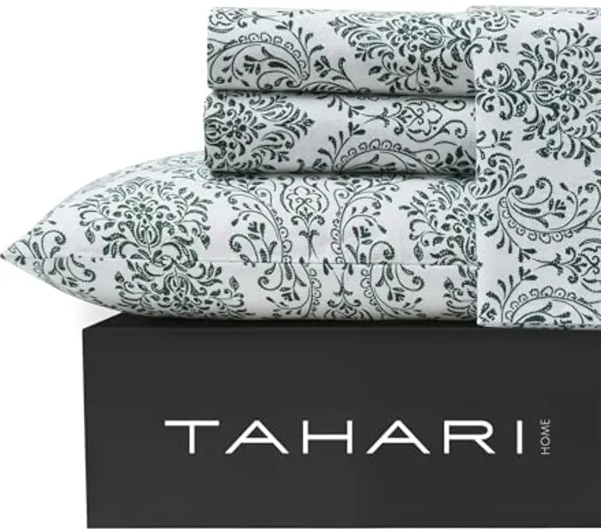 Tahari Home - Full Sheet Set, 4-Piece Cotton Flannel Bedding with Matching Pillowcases, Deep Pockets, Scroll Design, Brushed for Extra Softness, Cozy Home Decor (Damask Green, Full)