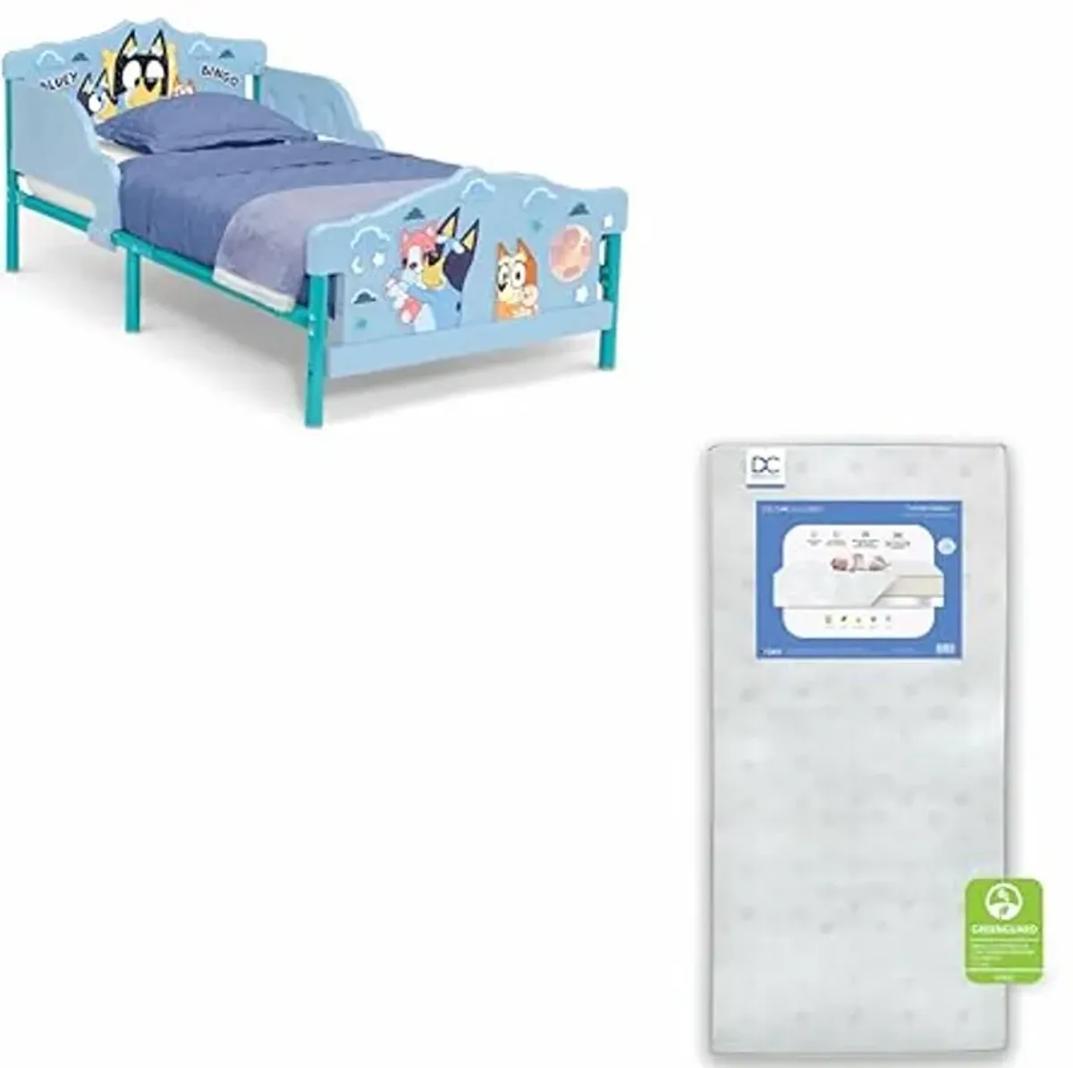 Delta Children - CoComelon 5-Piece Toddler Room-in-a-Box Set + Twinkle Galaxy Dual Sided Fiber Core Crib and Toddler Mattress (Bundle)