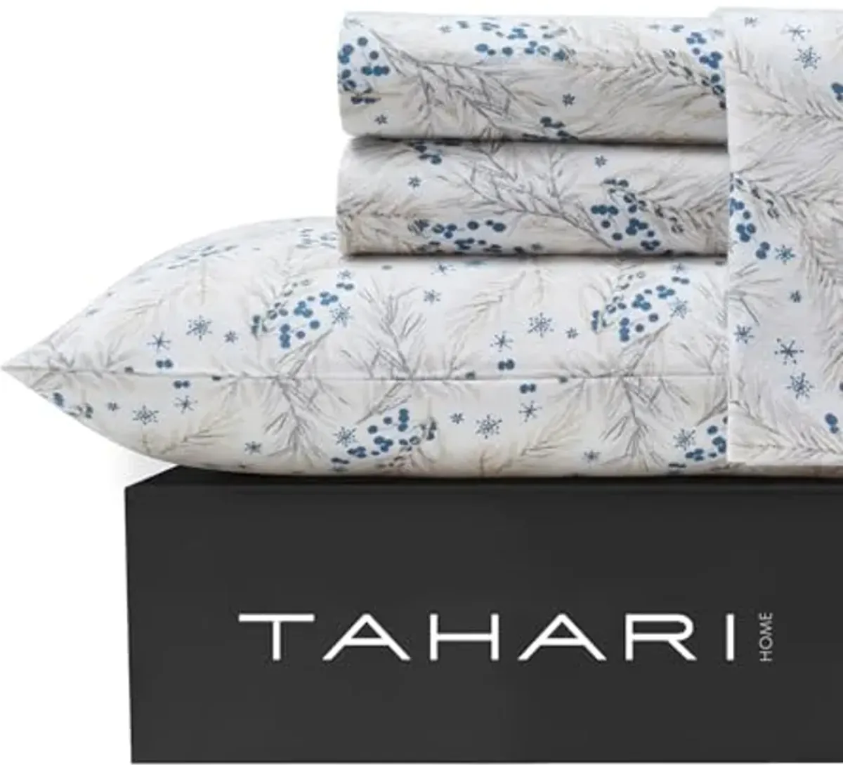 Tahari Home - Full Sheets, 4-Piece Cotton Flannel Bedding with Matching Pillowcases, Deep Pockets, Snowflakes & Berries, Brushed for Extra Softness, Cozy Home Decor (Pine Taupe/Blue, Full)