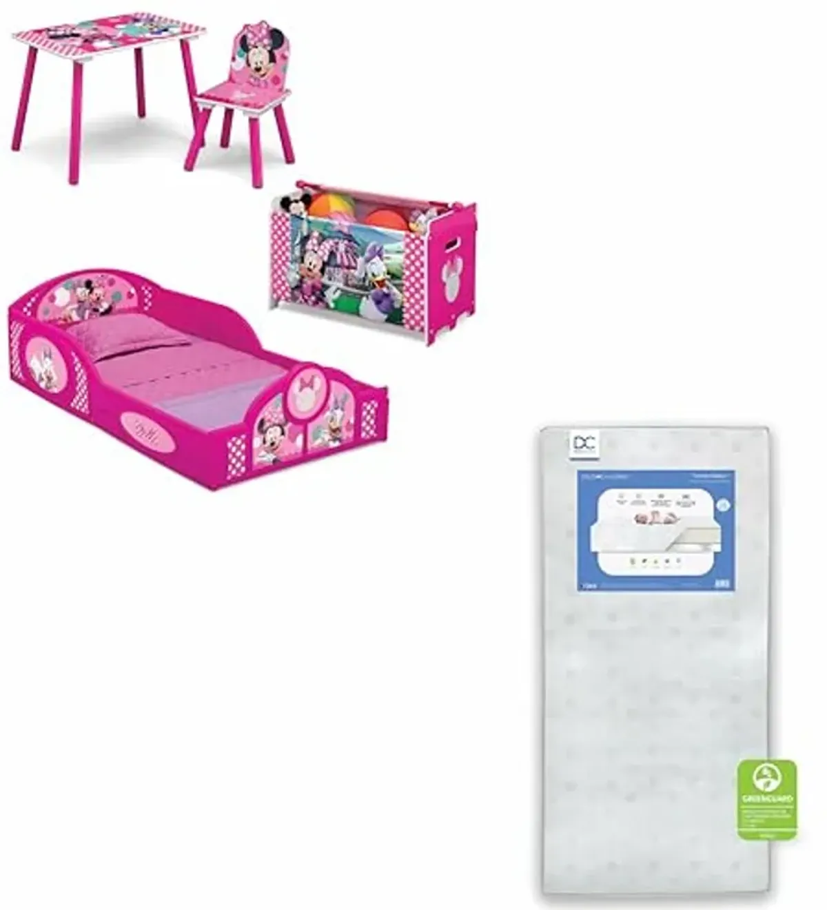 Delta Children - Disney Minnie Mouse 5-Piece Toddler Room-in-a-Box Bedroom Set + Twinkle Galaxy Dual Sided Fiber Core Crib and Toddler Mattress (Bundle)