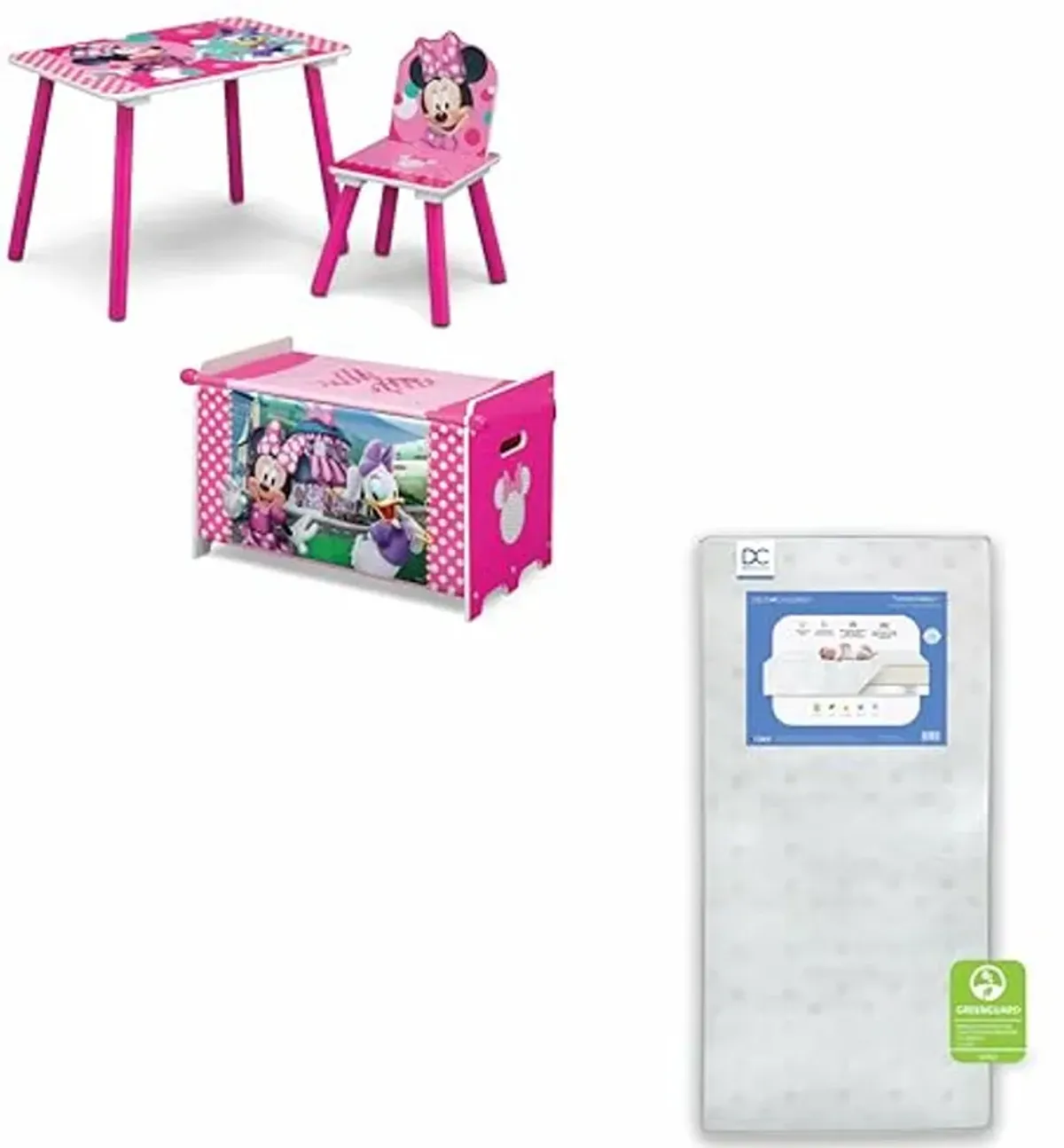 Delta Children - Disney Minnie Mouse 3-Piece Toddler Playroom Set + Twinkle Galaxy Dual Sided Fiber Core Crib and Toddler Mattress (Bundle)