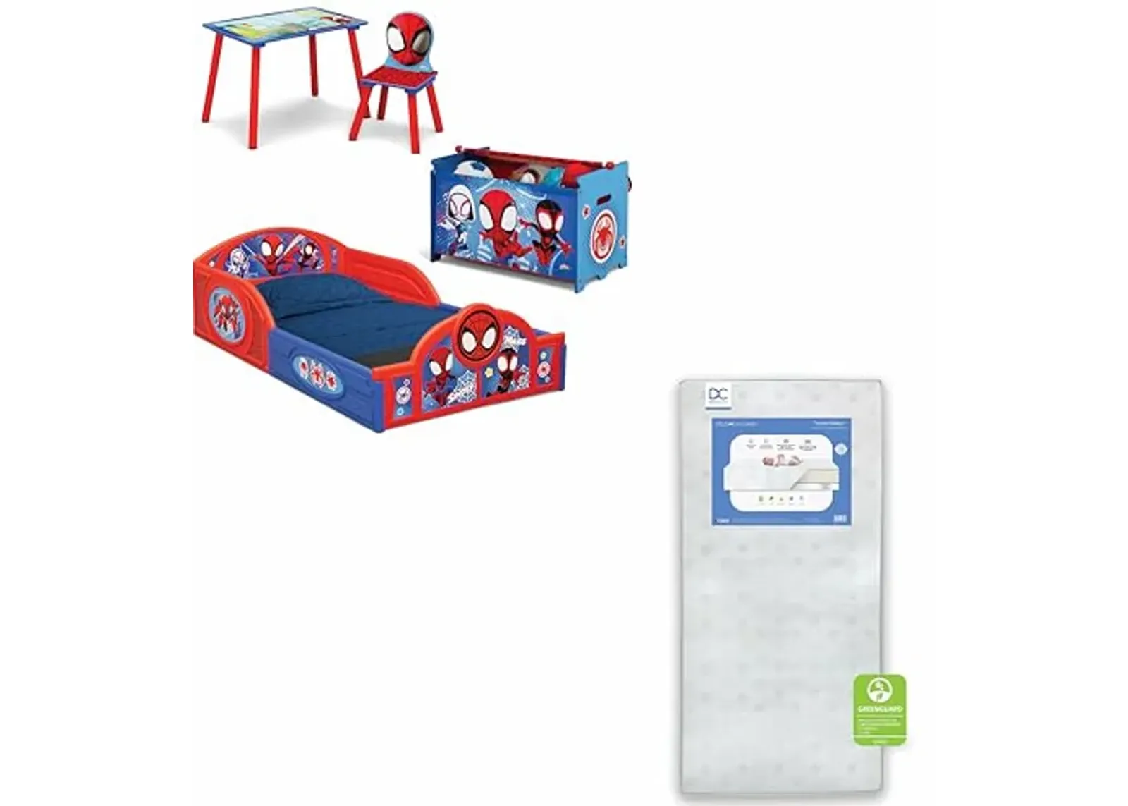 Delta Children - Marvel Spidey and His Amazing Friends 5-Piece Toddler Room-in-a-Box Set + Twinkle Galaxy Dual Sided Fiber Core Crib and Toddler Mattress (Bundle)