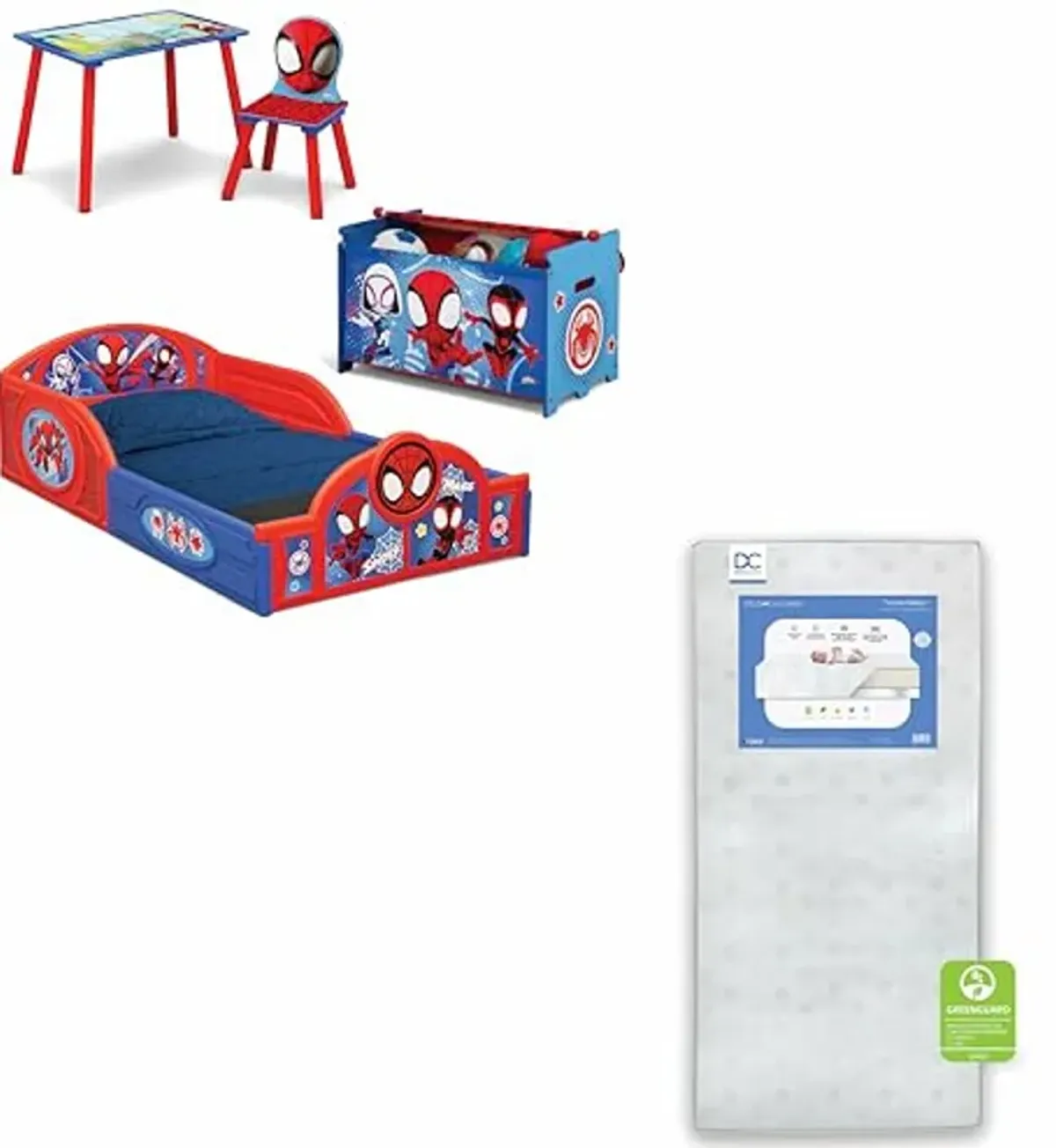 Delta Children - Marvel Spidey and His Amazing Friends 5-Piece Toddler Room-in-a-Box Set + Twinkle Galaxy Dual Sided Fiber Core Crib and Toddler Mattress (Bundle)