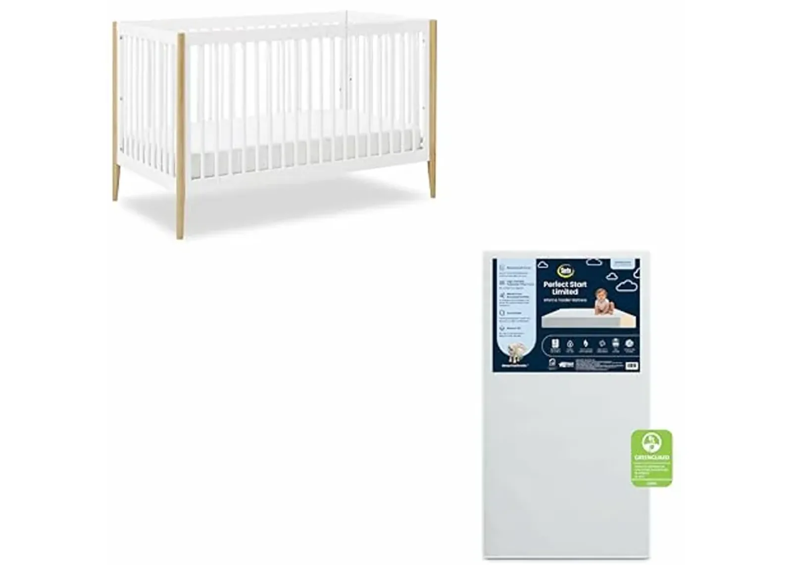 Delta Children Casey 4-in-1 Convertible Crib - Greenguard Gold Certified, Bianca White/Natural + Serta Perfect Start Limited Dual Sided Breathable Core Baby Crib Mattress (Bundle)