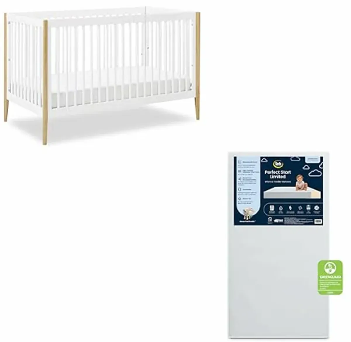 Delta Children Casey 4-in-1 Convertible Crib - Greenguard Gold Certified, Bianca White/Natural + Serta Perfect Start Limited Dual Sided Breathable Core Baby Crib Mattress (Bundle)