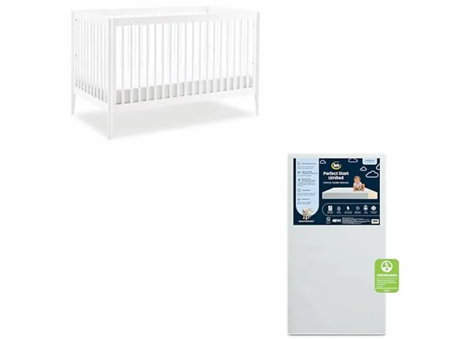 Delta Children Casey 4-in-1 Convertible Crib - Greenguard Gold Certified, Bianca White + Serta Perfect Start Limited Dual Sided Breathable Core Baby Crib Mattress (Bundle)