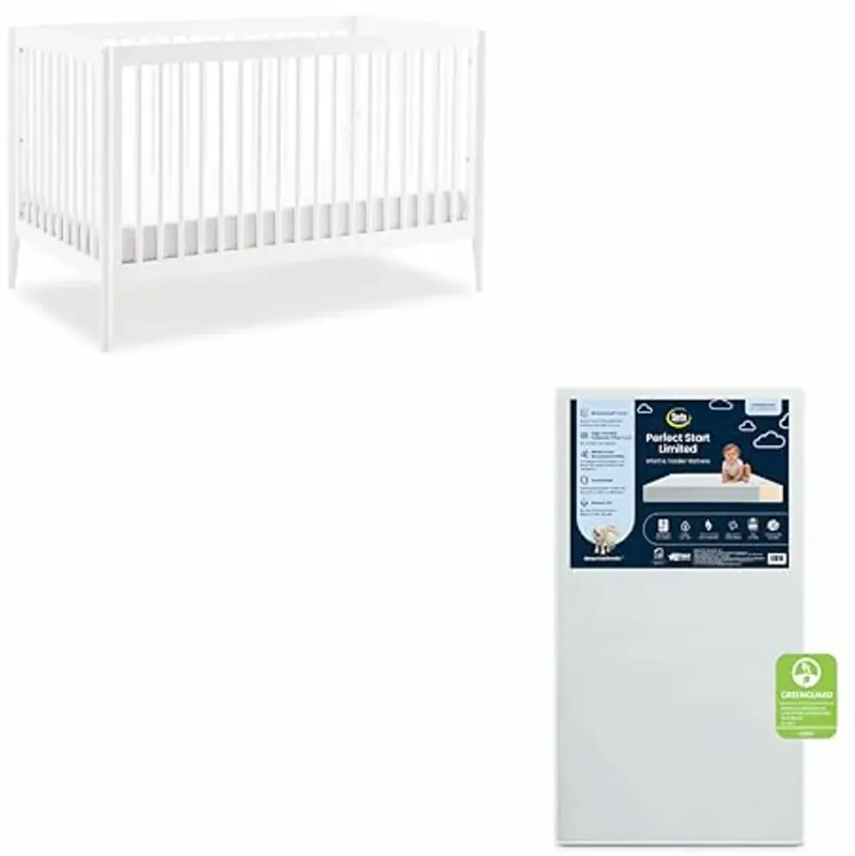 Delta Children Casey 4-in-1 Convertible Crib - Greenguard Gold Certified, Bianca White + Serta Perfect Start Limited Dual Sided Breathable Core Baby Crib Mattress (Bundle)