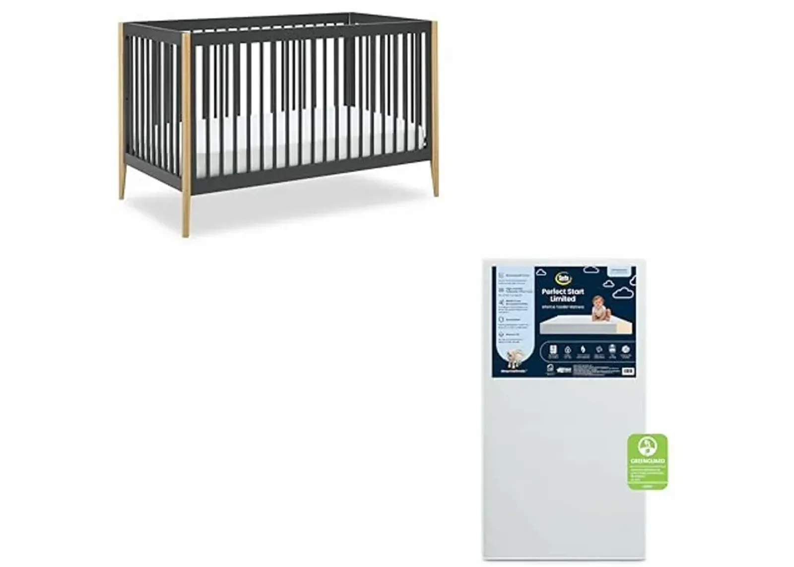 Delta Children Casey 4-in-1 Convertible Crib - Greenguard Gold Certified, Charcoal/Natural + Serta Perfect Start Limited Dual Sided Breathable Core Baby Crib Mattress (Bundle)