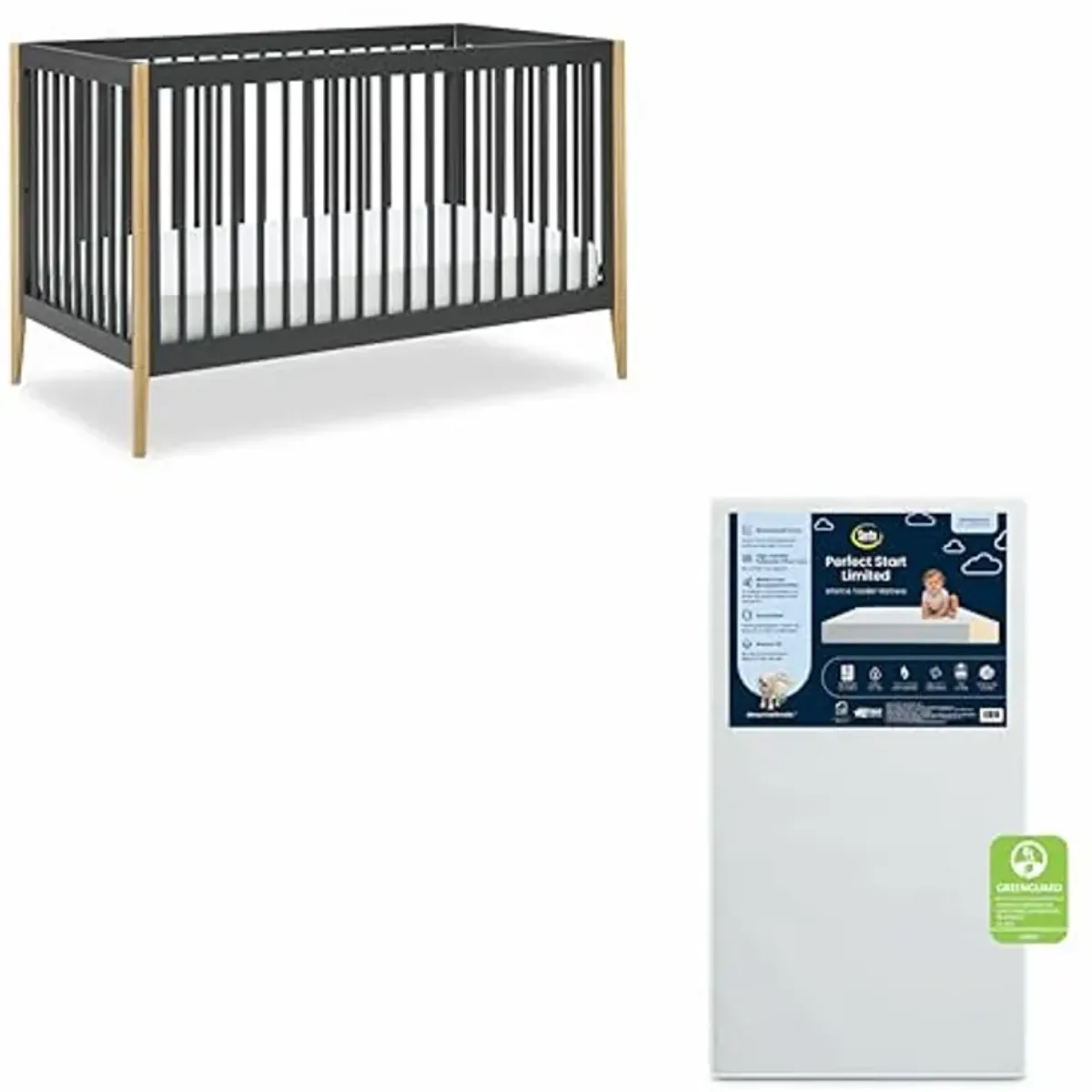 Delta Children Casey 4-in-1 Convertible Crib - Greenguard Gold Certified, Charcoal/Natural + Serta Perfect Start Limited Dual Sided Breathable Core Baby Crib Mattress (Bundle)