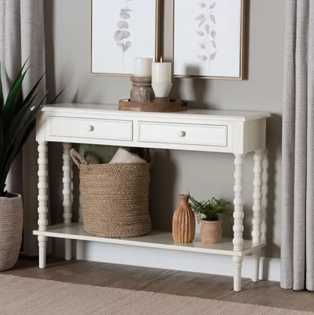 Baxton Studio Malinda White Wood 2-Drawer Console Table with Spindle Legs