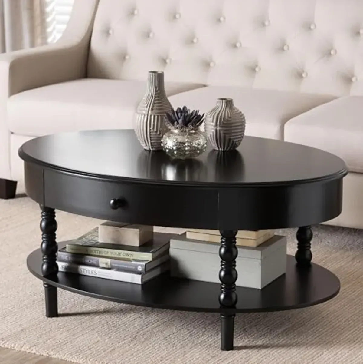 Baxton Studio Malinda Black Wood 1-Drawer Coffee Table with Spindle Legs