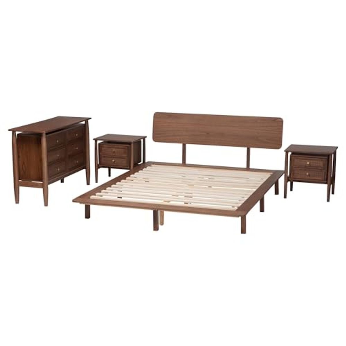 Baxton Studio Alyssa Japandi Walnut Brown Wood Queen Size 4-Piece Bedroom Set