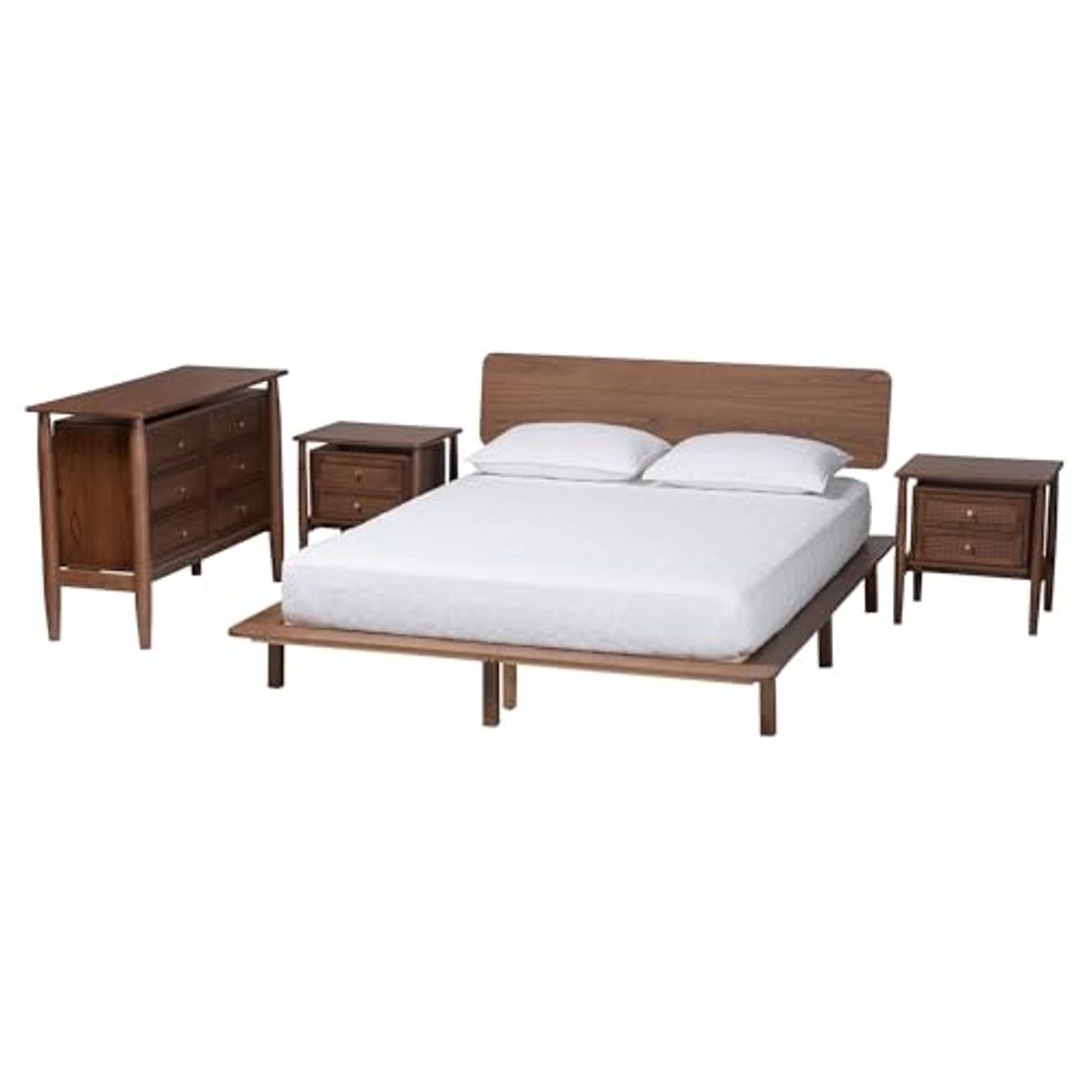 Baxton Studio Alyssa Japandi Walnut Brown Wood Queen Size 4-Piece Bedroom Set