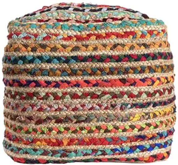 LR Home Indoor Ottoman Pouf for Home décor | Bohemian Striped Pouffe for Living Room, Bedroom, Lounge, Nursery, Kidsroom | 18" x 18" x 18", Natural/Multicolor