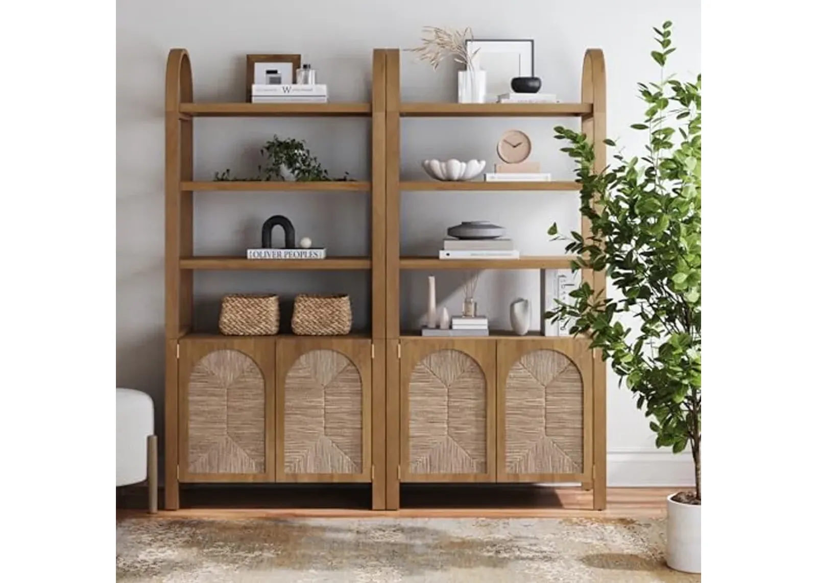 Nathan James Leah Arched Bookcase, 3-Tier Bookshelf with Storage Cabinet Base, Seagrass Door Fronts and Solid Wood Frame, Light Brown, Set of 2