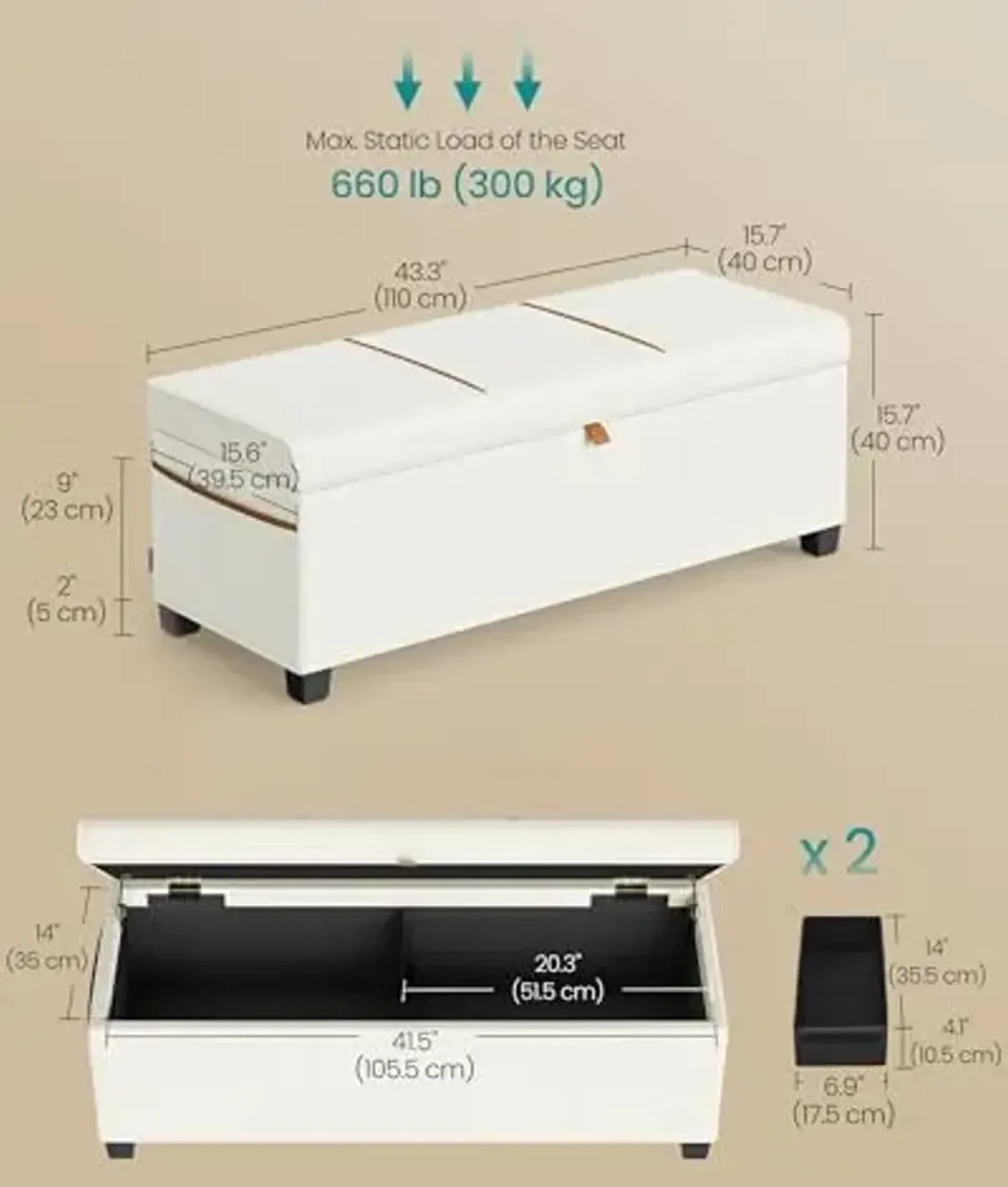 SONGMICS Storage Ottoman Bench, Storage Chest, 15.7 x 43.3 x 15.7 Inches, End of Bed Bench, 27 Gal. (103 L), for Bedroom, Entryway, Living Room, Cream White ULSF533W01