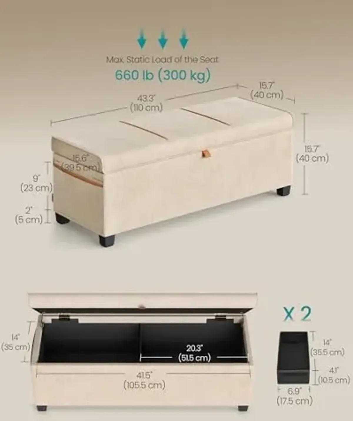 SONGMICS Storage Ottoman Bench, Storage Chest, 15.7 x 43.3 x 15.7 Inches, End of Bed Bench, 27 Gal. (103 L), for Bedroom, Entryway, Living Room, Cappuccino Beige ULSF533L01