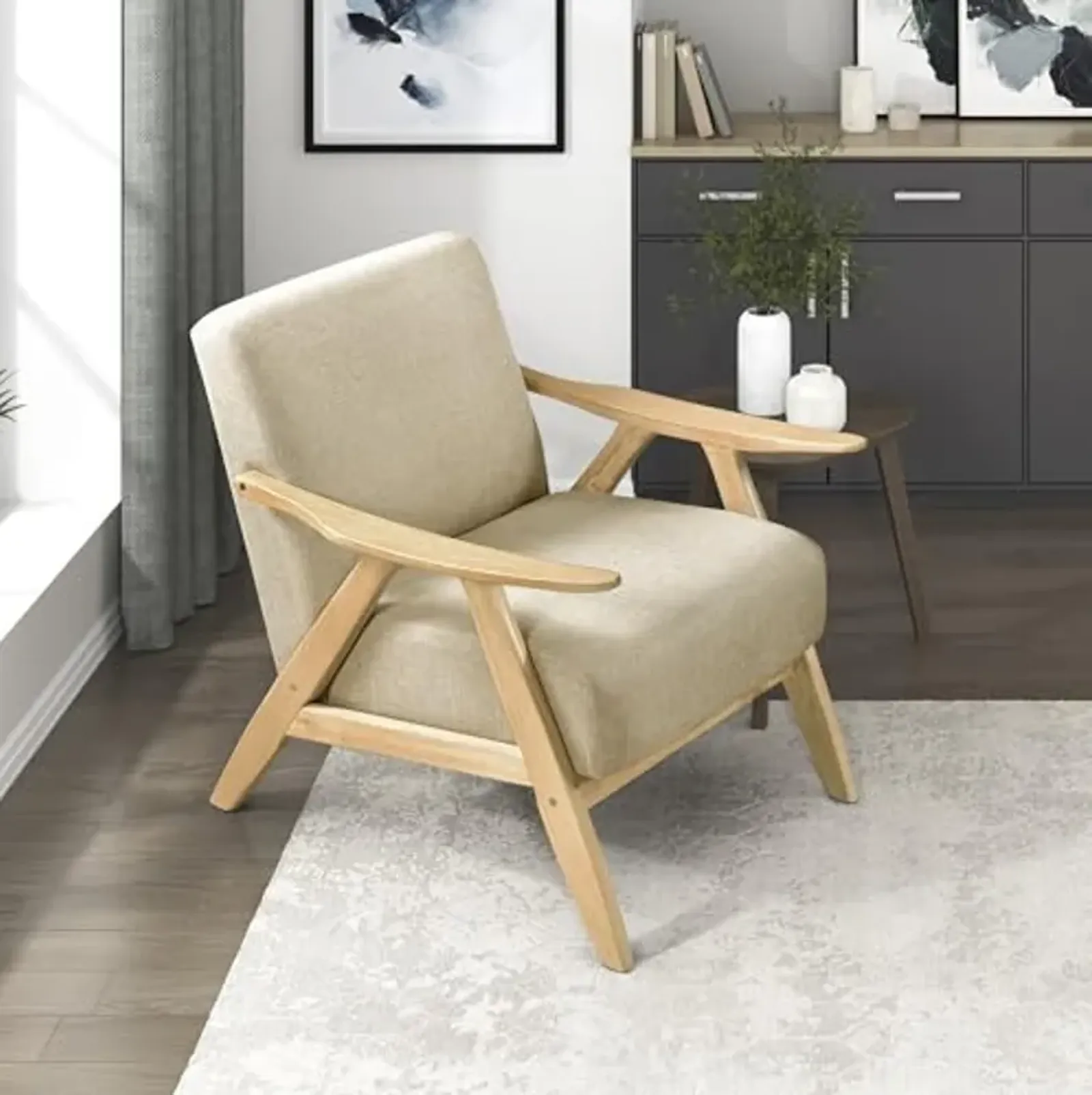 Lexicon Mid Century Modern Accent Chair with Solid Wood Frame in Natural Finish, Textured Fabric Living Room Lounge Arm Chair, Thick and Comfy Innerspring Seat Cushion, Linen-Look Fabric, Light Brown