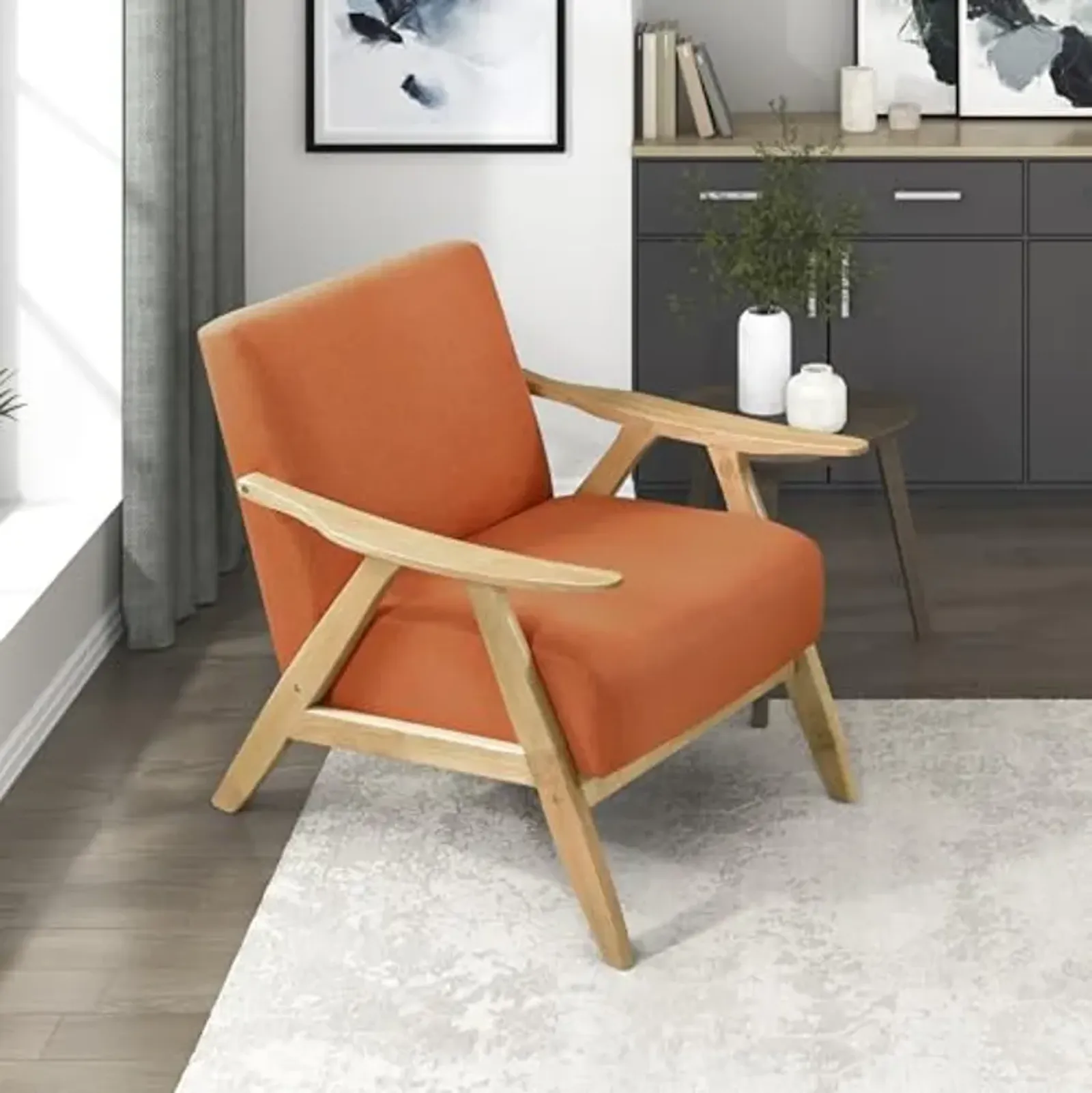 Lexicon Mid Century Modern Accent Chair with Solid Wood Frame in Natural Finish, Textured Fabric Living Room Lounge Arm Chair, Thick and Comfy Innerspring Seat Cushion, Linen-Look Fabric, Orange