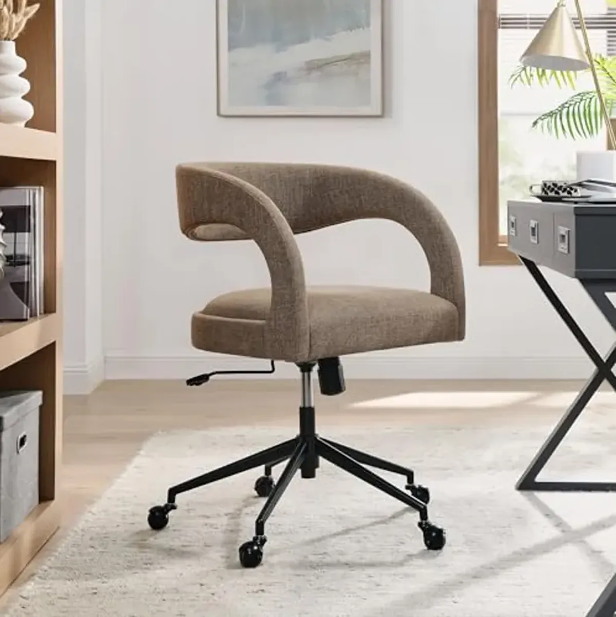 Modway Pinnacle Upholstered Office Chair in Mocha Slub Weave Fabric – Adjustable Height Barrel Office Armchair with Rolling Wheels – Home Office, Study, or Bedroom Desk Chair