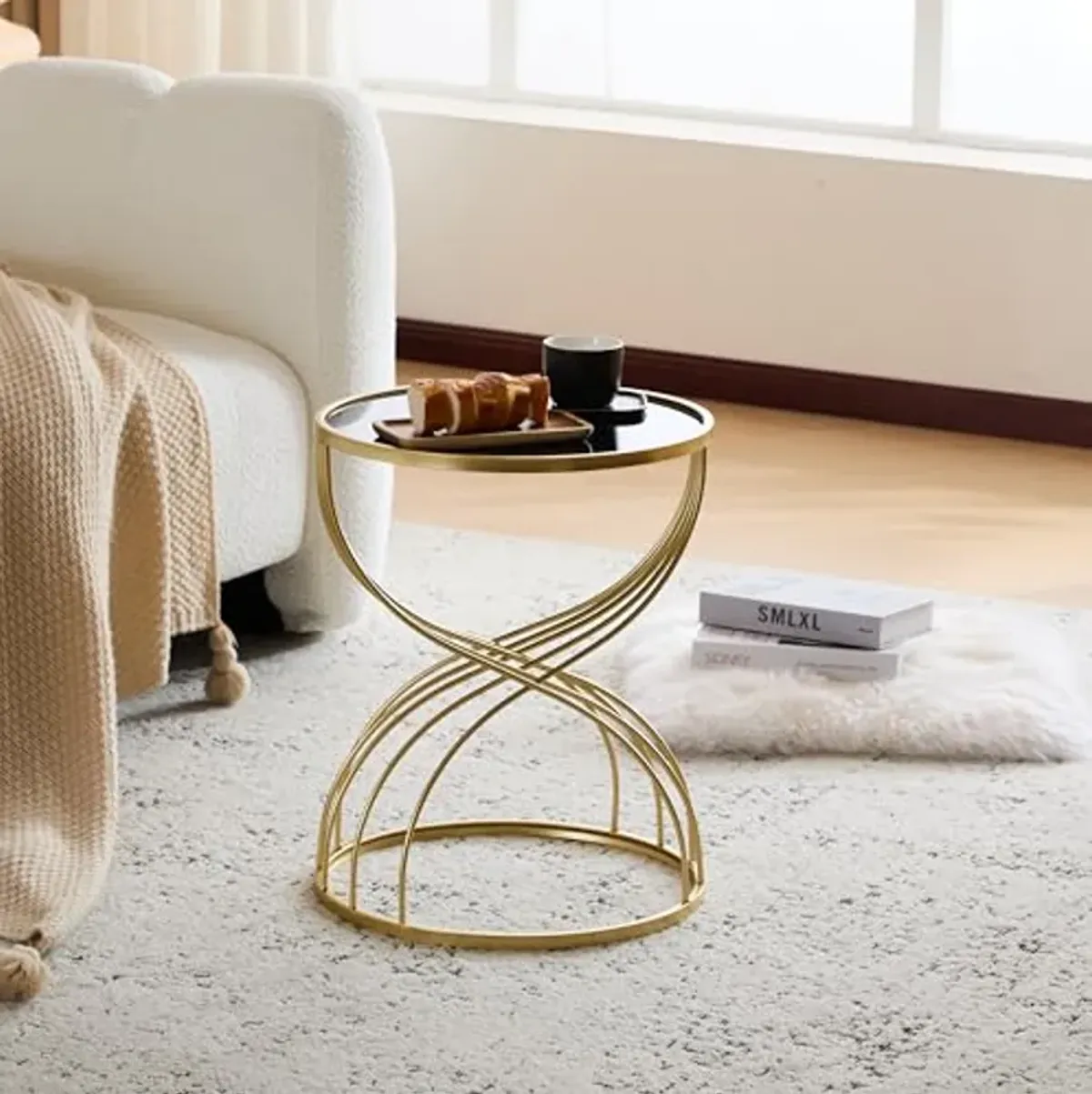 Christopher Knight Home Vevia Golden Side Table, Metal Accent Table, Hourglass Coffee Table, Mirror Top End Table, Nesting Designed Table, Corner Table for Living Room, Bedroom, Black+Gold