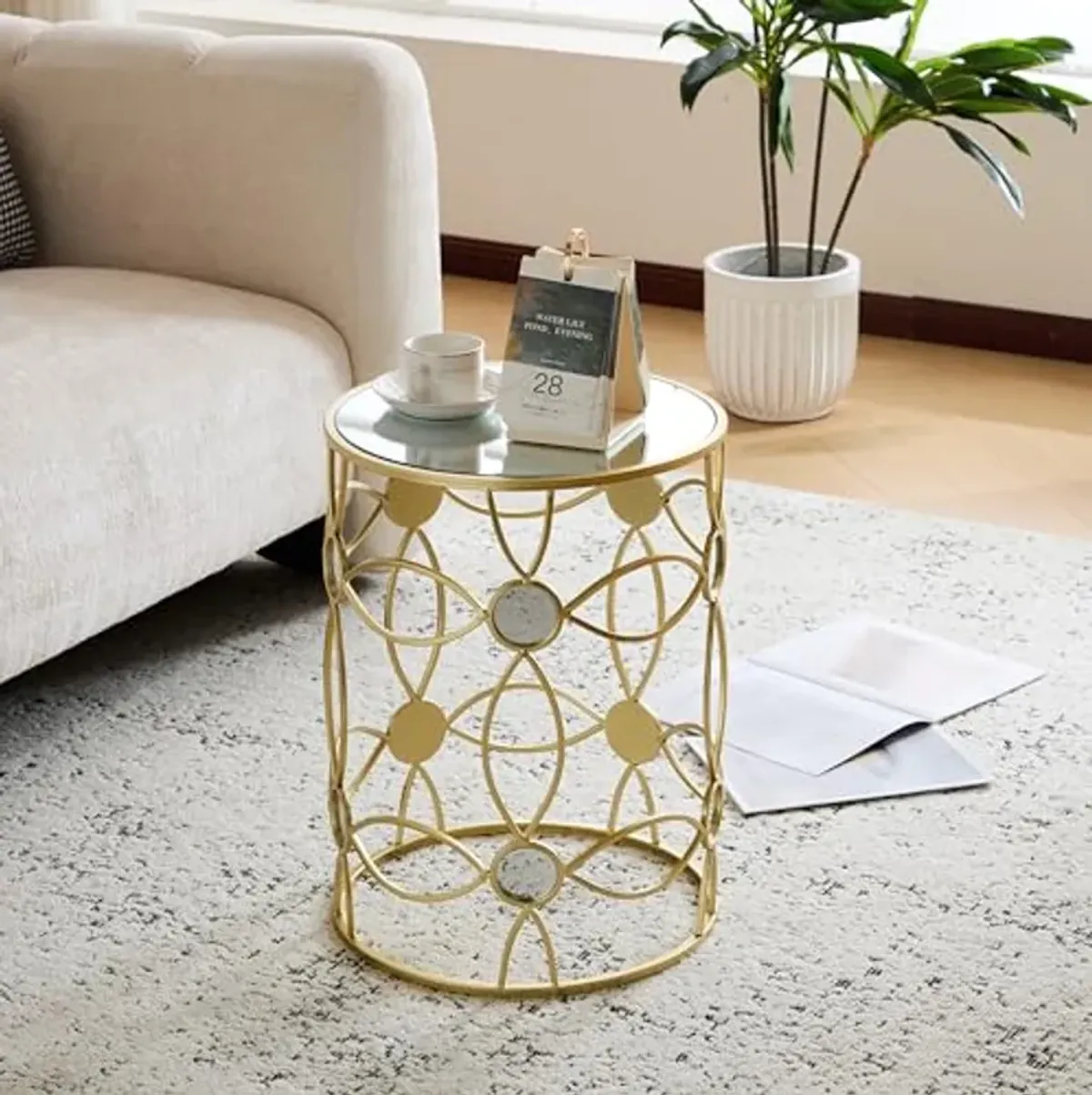 Christopher Knight Home Vevia Golden Side Table, Metal Accent Table, Cylindrical Coffee Table, Mirror Top End Table, Nesting Designed Table, Corner Table for Living Room, Bedroom, Home Decor, Gold