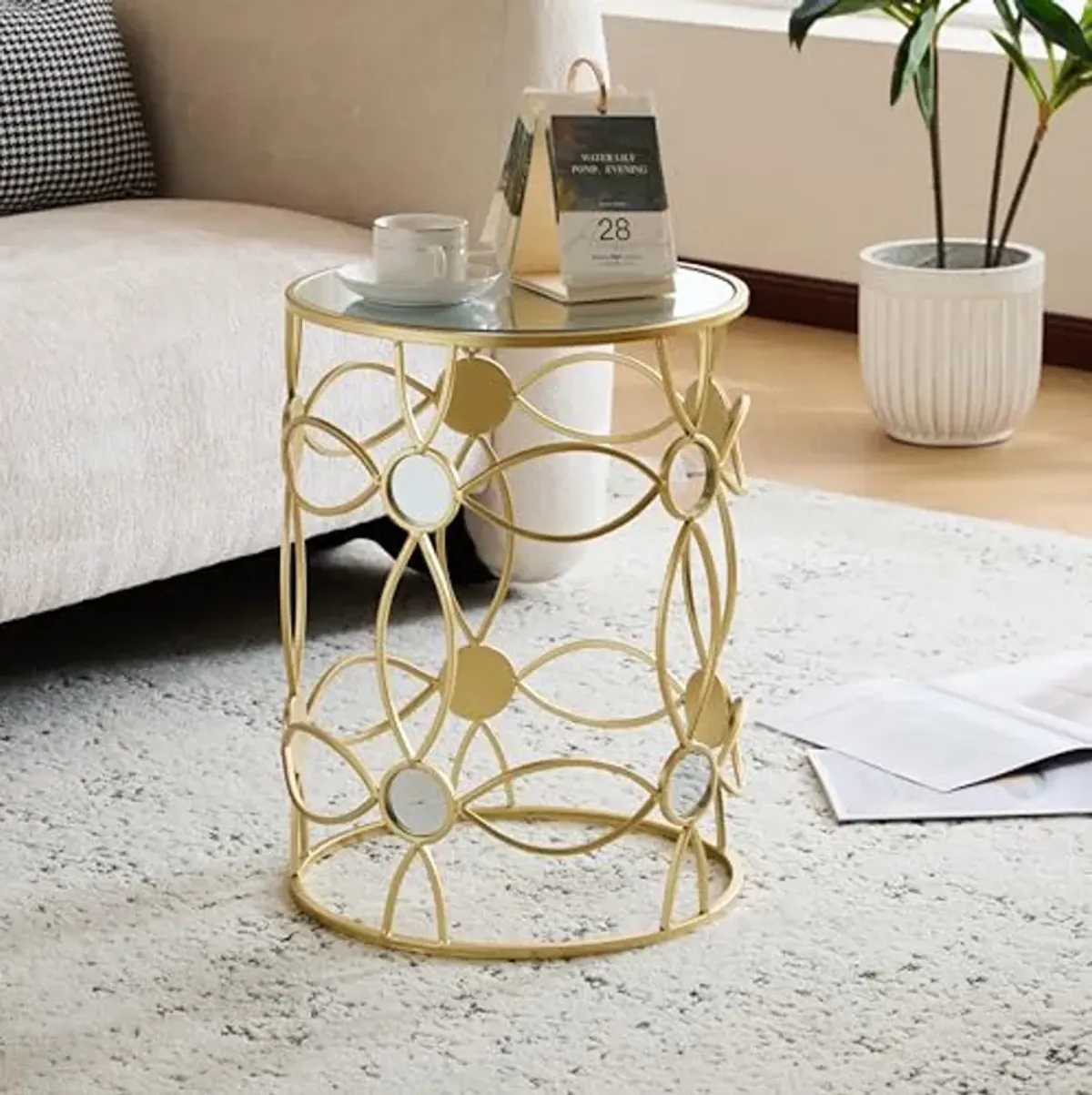 Christopher Knight Home Vevia Golden Side Table, Metal Accent Table, Cylindrical Coffee Table, Mirror Top End Table, Nesting Designed Table, Corner Table for Living Room, Bedroom, Home Decor, Gold