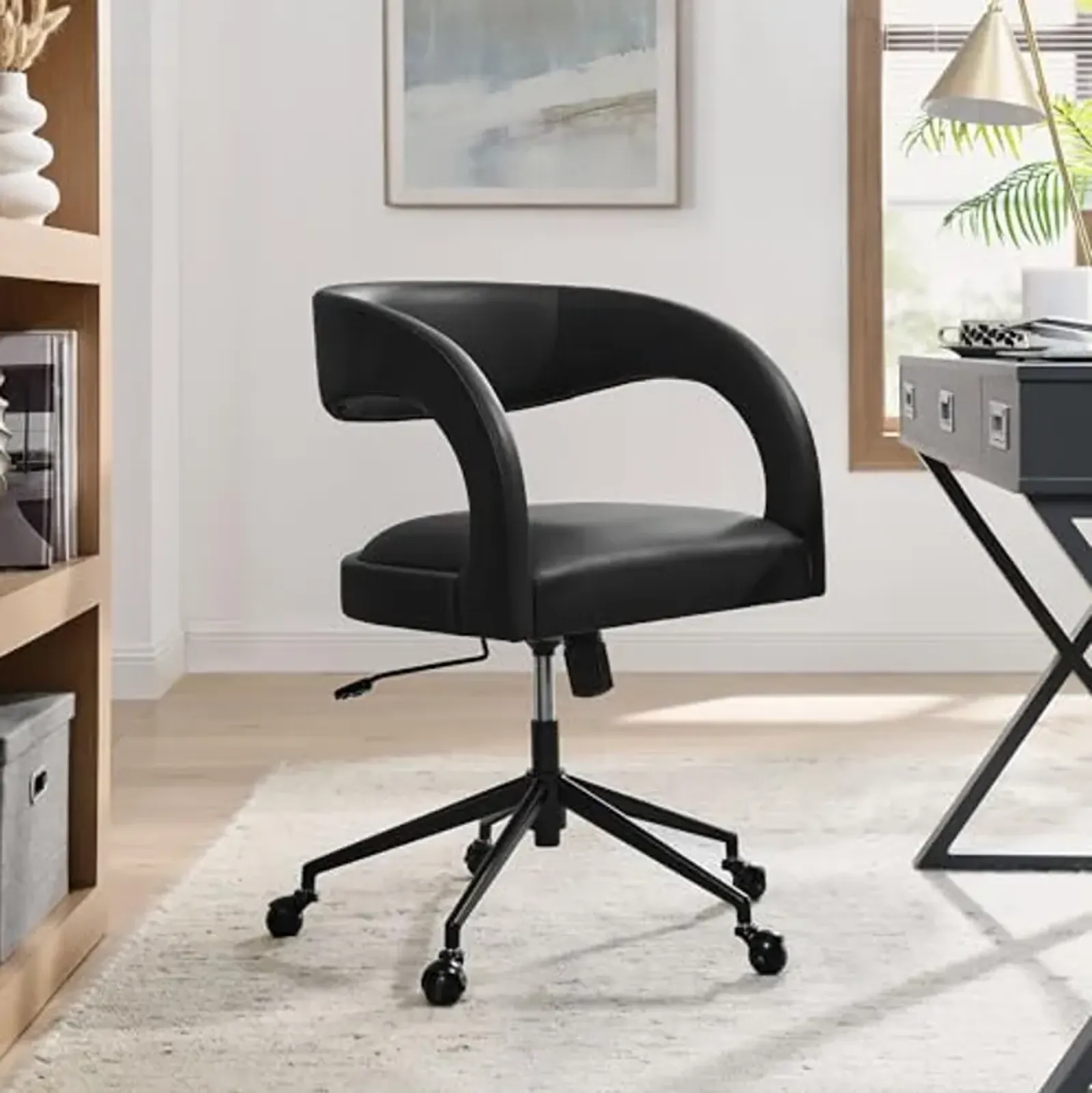 Modway Pinnacle Faux Leather Home Office Desk Chair in Black – Upholstered Height Adjustable Barrel Desk Armchair with Rolling Wheels – PU Task Chair for Dorm Room, Vanity, or Bedroom