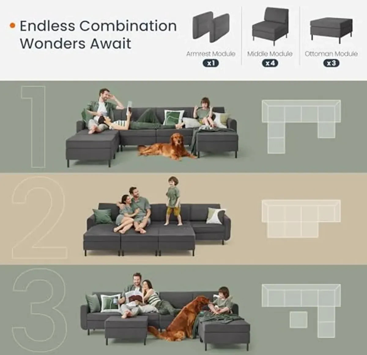 SONGMICS HOME Modular Sectional Sofa, Convertible 7-Seat U-Shaped Couch with Ottoman, Deep Seat, Sectional Couches for Living Room, Slate Gray ULCS065G01