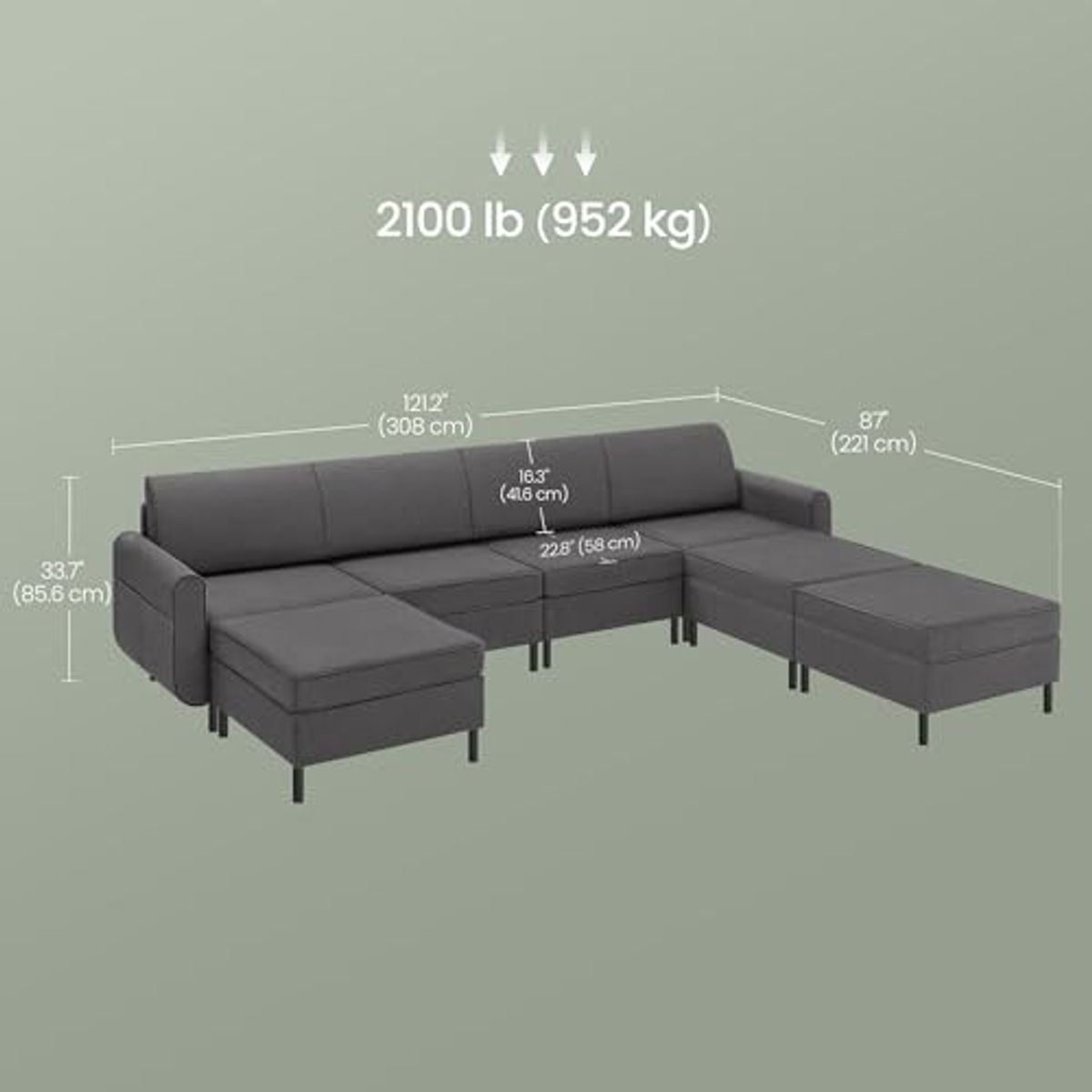 SONGMICS HOME Modular Sectional Sofa, Convertible 7-Seat U-Shaped Couch with Ottoman, Deep Seat, Sectional Couches for Living Room, Slate Gray ULCS065G01