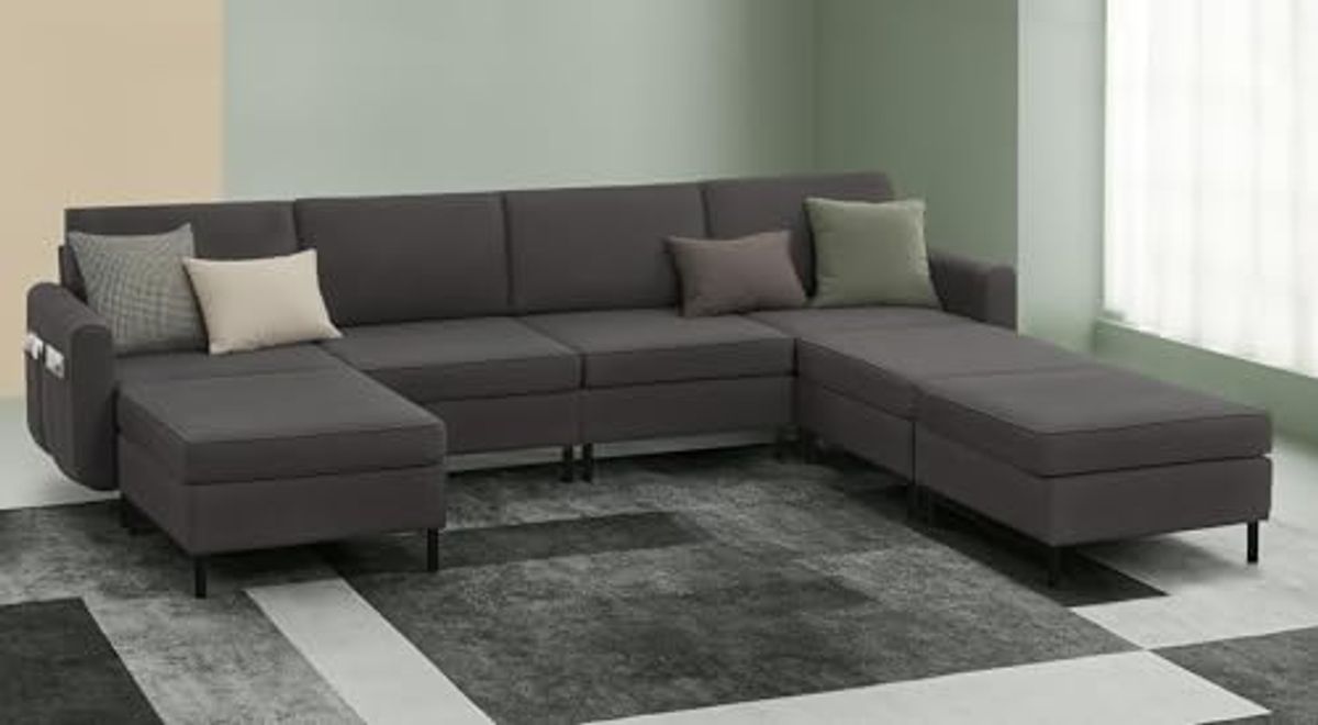 SONGMICS HOME Modular Sectional Sofa, Convertible 7-Seat U-Shaped Couch with Ottoman, Deep Seat, Sectional Couches for Living Room, Slate Gray ULCS065G01