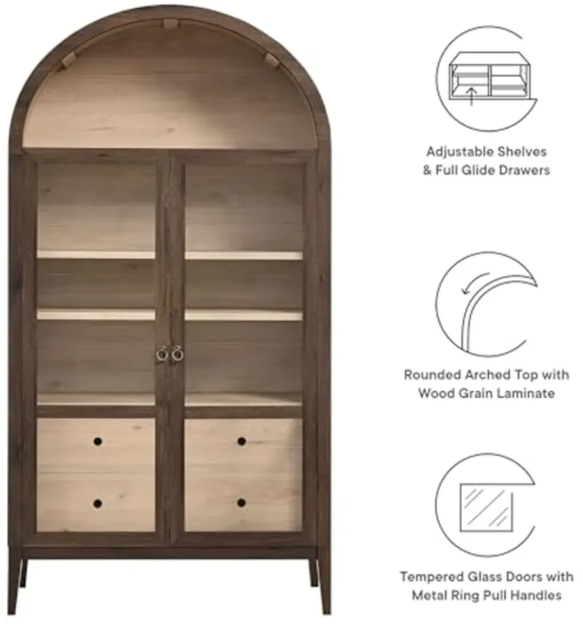 Modway Nolan Tall Arched Storage Display Cabinet in Walnut Light Oak - 74 Inch Arch Bookshelf with Glass Doors, Shelves and Drawers - Modern Accent Cabinet for Living Room, Dining Room