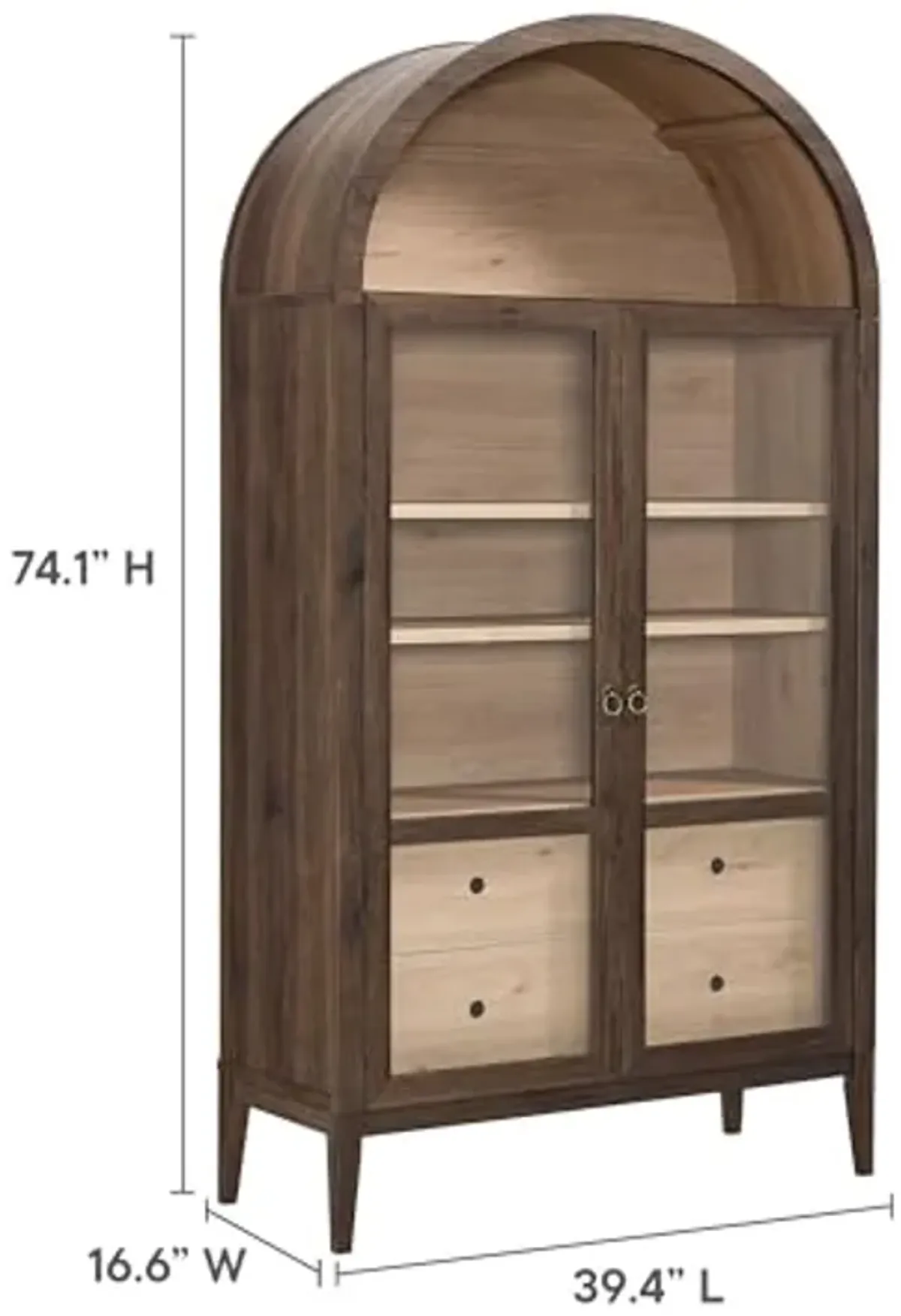 Modway Nolan Tall Arched Storage Display Cabinet in Walnut Light Oak - 74 Inch Arch Bookshelf with Glass Doors, Shelves and Drawers - Modern Accent Cabinet for Living Room, Dining Room