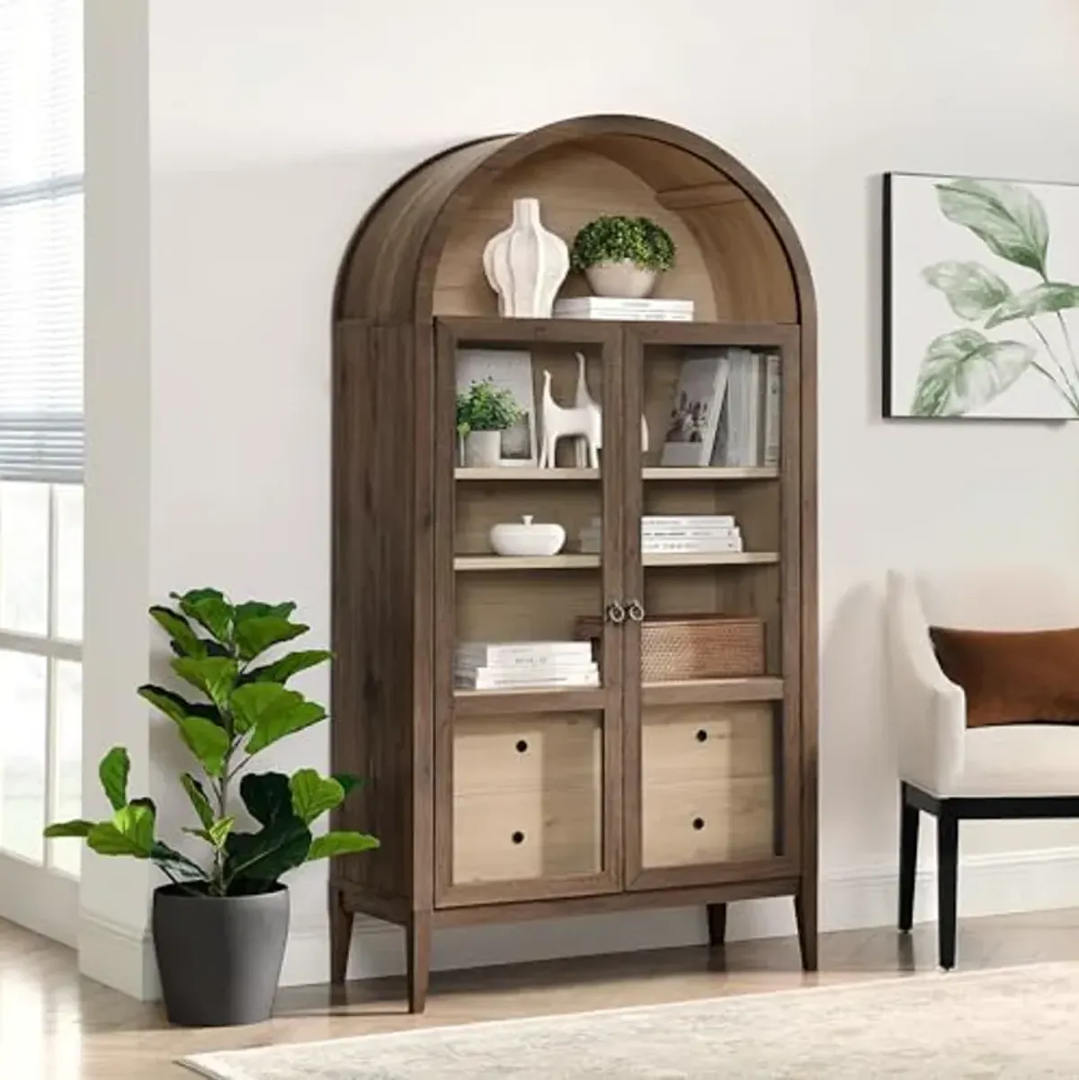 Modway Nolan Tall Arched Storage Display Cabinet in Walnut Light Oak - 74 Inch Arch Bookshelf with Glass Doors, Shelves and Drawers - Modern Accent Cabinet for Living Room, Dining Room