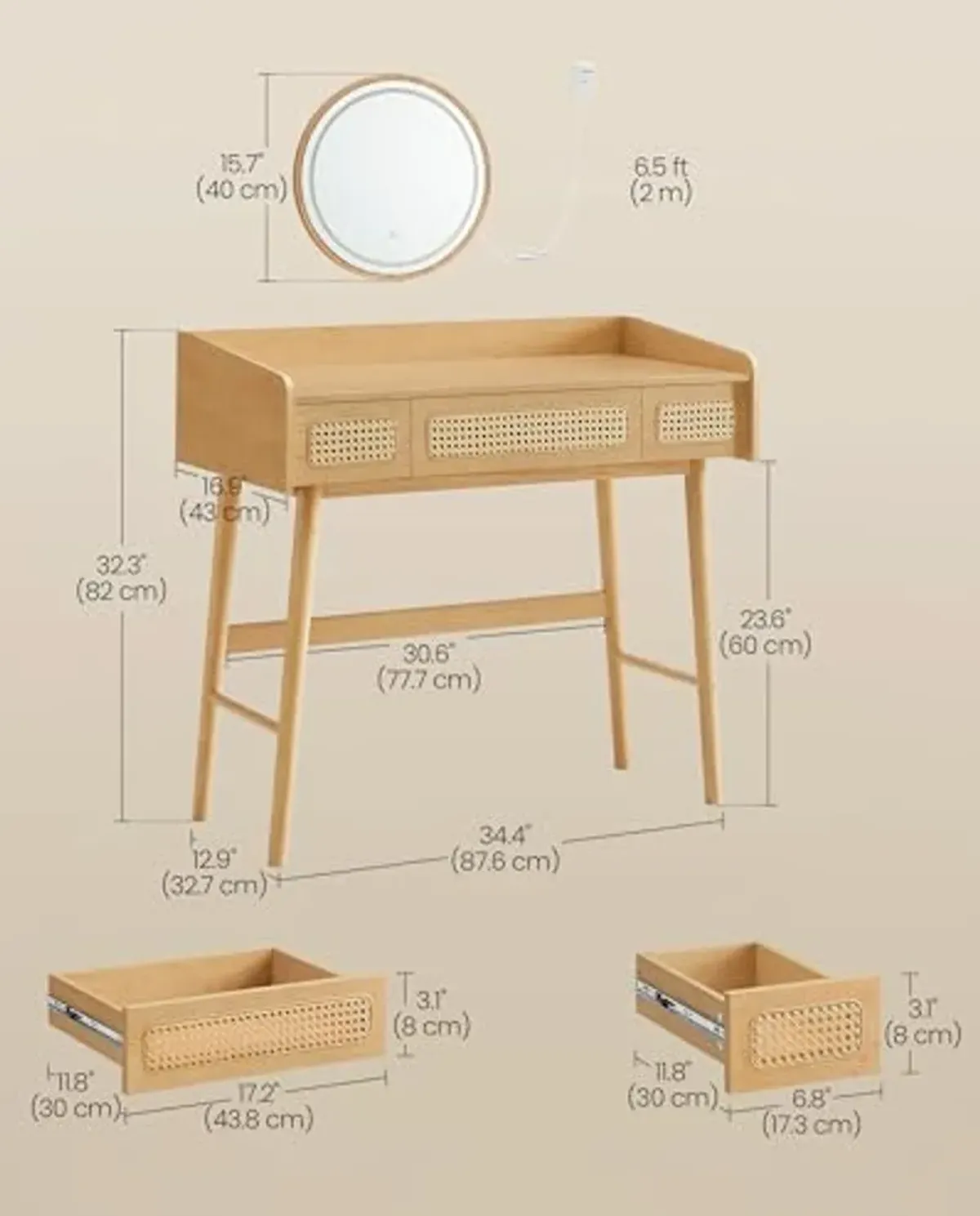 SONGMICS HOME BOHOVEN Collection - Vanity Desk with Mirror and Touch Control Lights, Boho Makeup Vanity with 3 Rattan-Look Drawers, Dimmable Light with 3 Color Settings, Oak Beige URVT007Y02V1