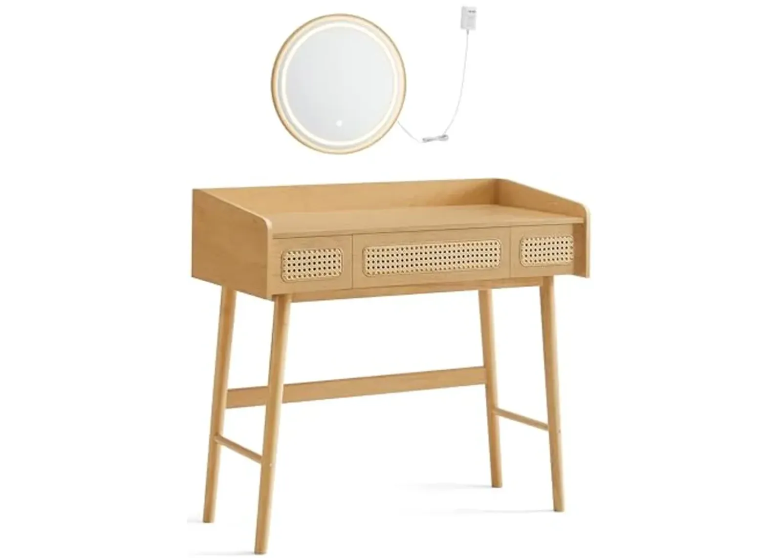 SONGMICS HOME BOHOVEN Collection - Vanity Desk with Mirror and Touch Control Lights, Boho Makeup Vanity with 3 Rattan-Look Drawers, Dimmable Light with 3 Color Settings, Oak Beige URVT007Y02V1