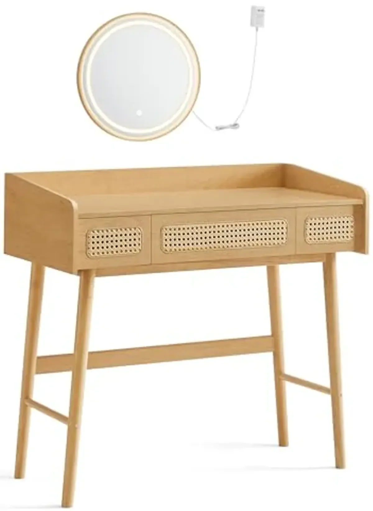 SONGMICS HOME BOHOVEN Collection - Vanity Desk with Mirror and Touch Control Lights, Boho Makeup Vanity with 3 Rattan-Look Drawers, Dimmable Light with 3 Color Settings, Oak Beige URVT007Y02V1