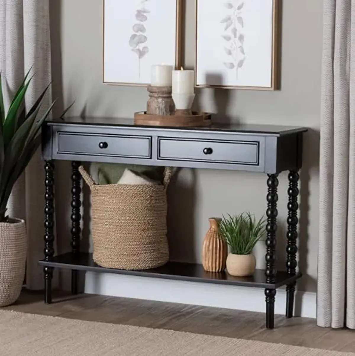 Baxton Studio Malinda Black Wood 2-Drawer Console Table with Spindle Legs