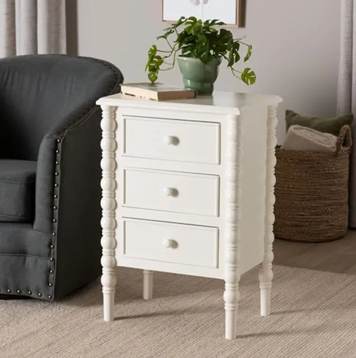 Baxton Studio Malinda Classic White Wood 3-Drawer End Table with Spindle Legs