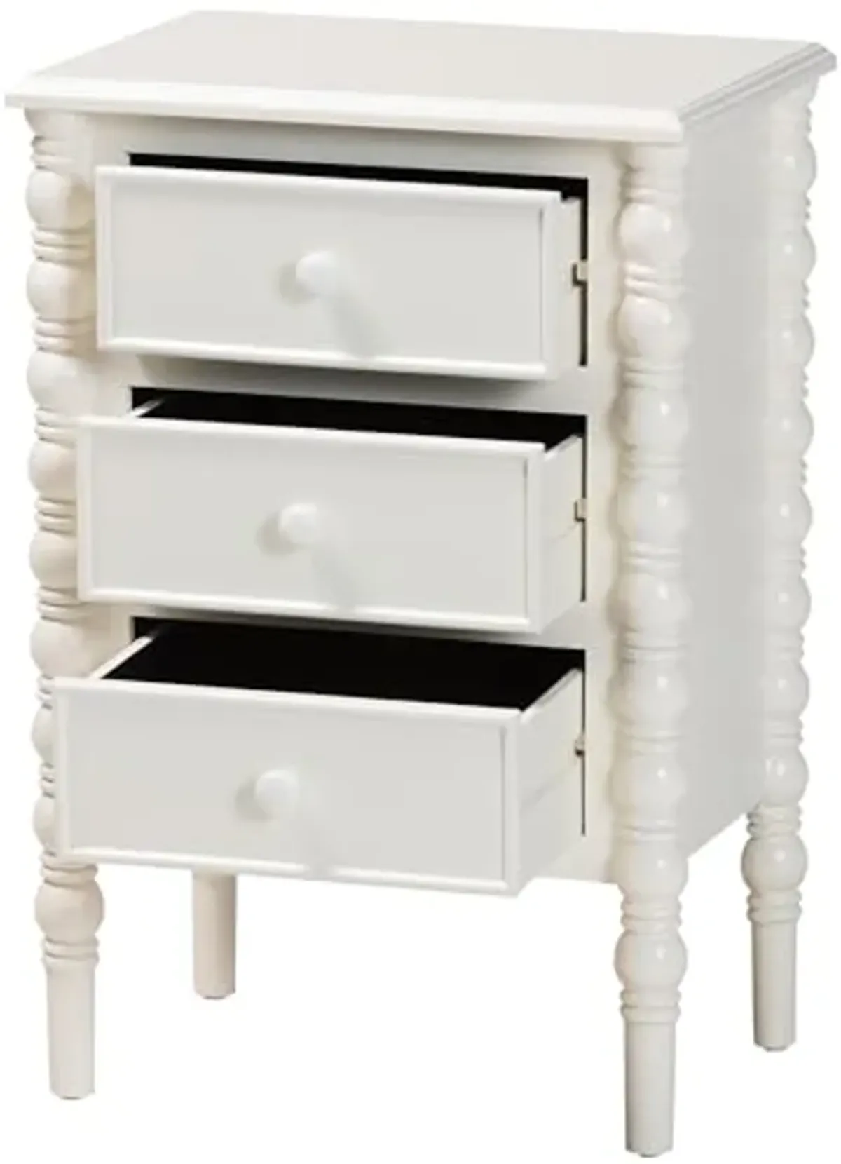 Baxton Studio Malinda Classic White Wood 3-Drawer End Table with Spindle Legs