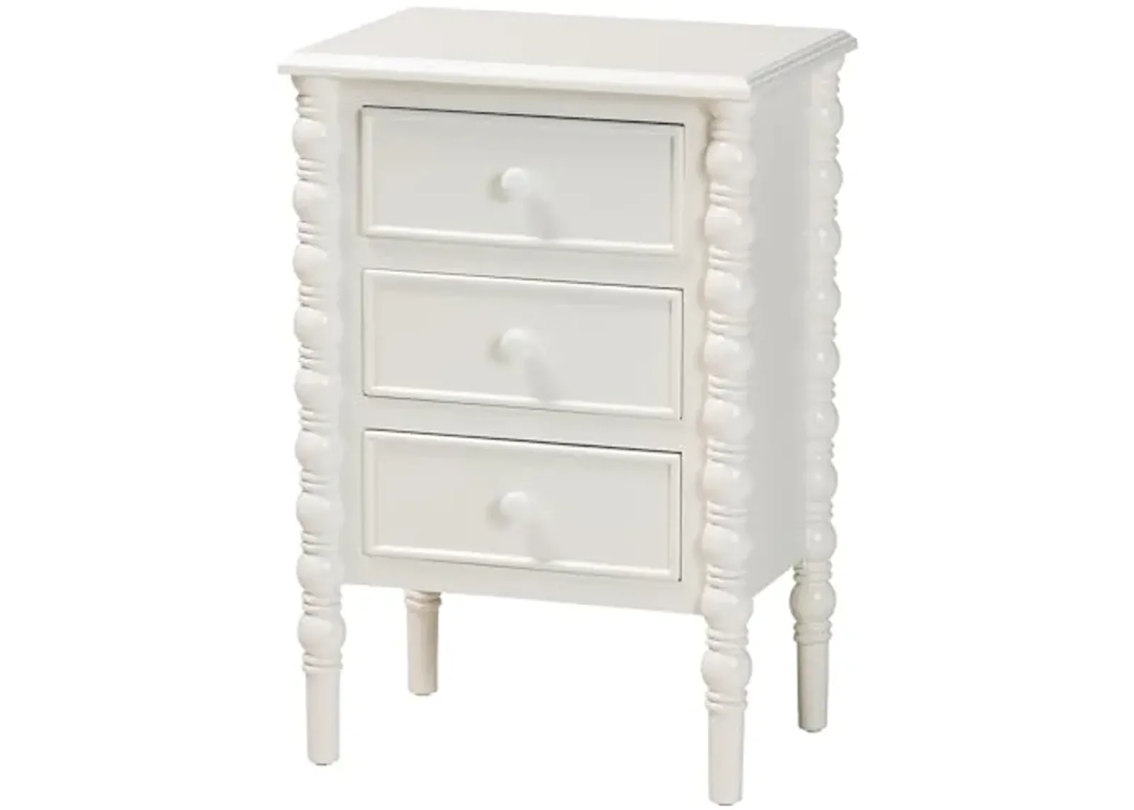 Baxton Studio Malinda Classic White Wood 3-Drawer End Table with Spindle Legs