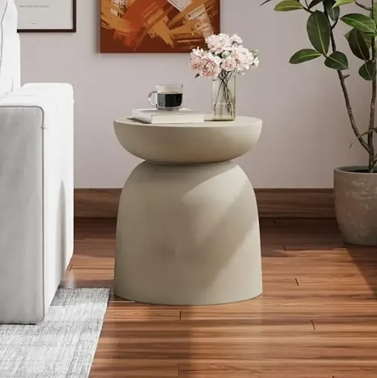 Christopher Knight Home Stela Patio Lightweight Concrete Drum Side Table, Outdoor MGO End Table, Coffee Table for Chat Set, Round Top Cement for Outside, Garden, Poolside, Light Grey