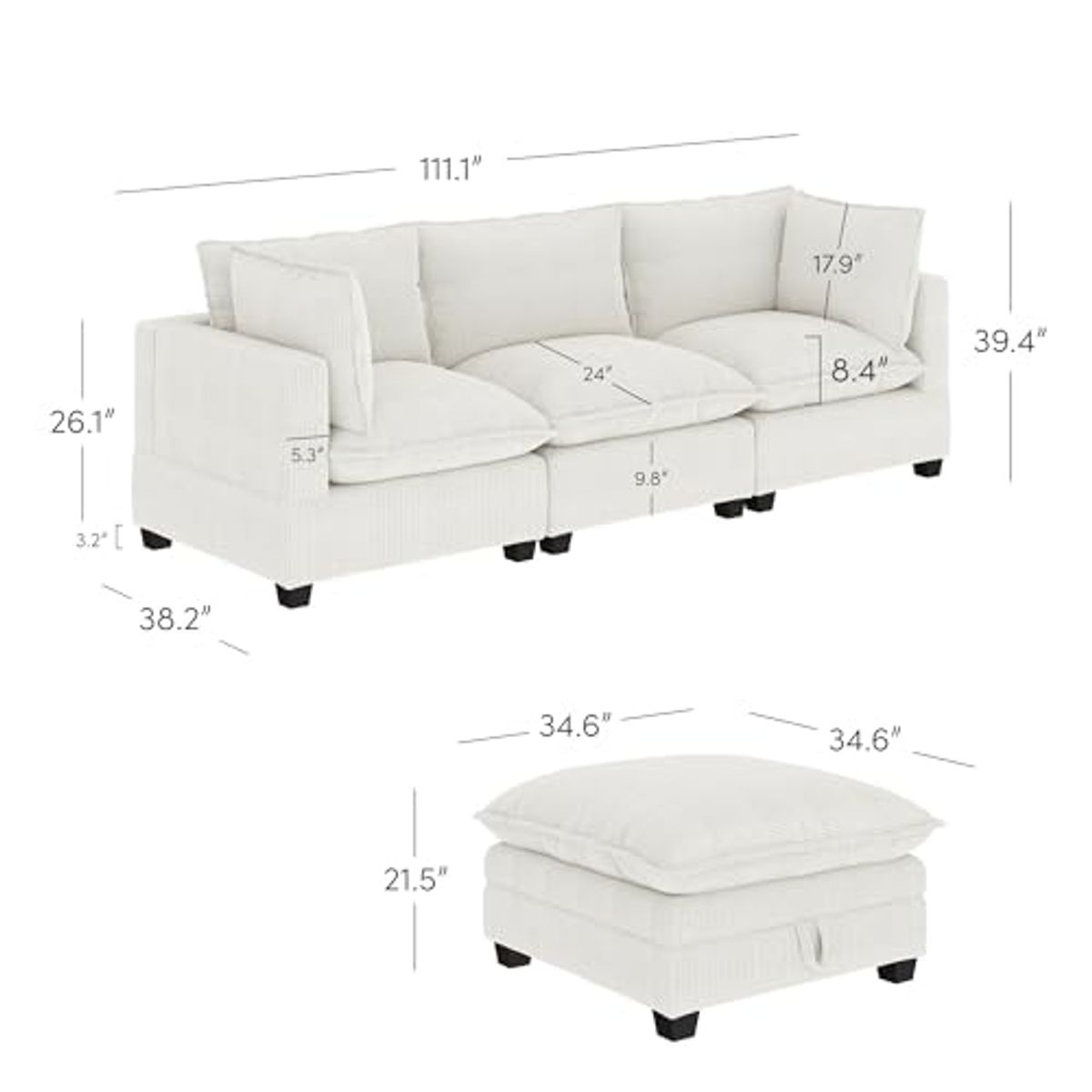 Nathan James Chelsea Modern Cloud Sofa with Ottoman, 3-Seater Upholstered Sofa and Ottoman Set with Corduroy Upholstery and Deep Seat Cushions, Pearl White