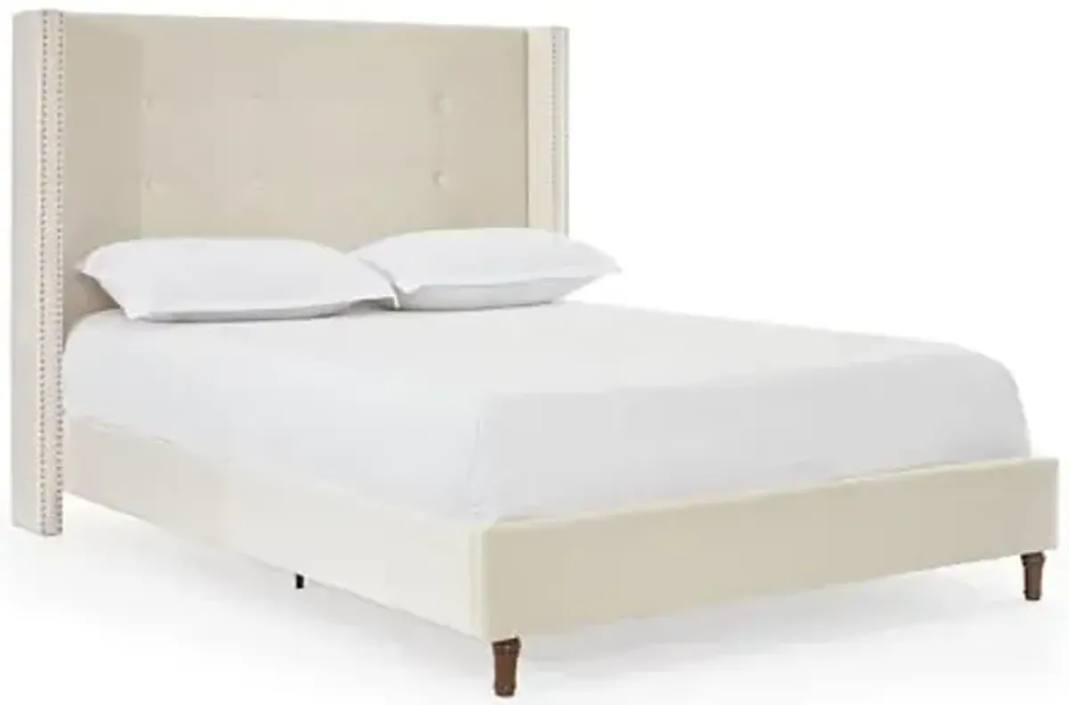 Christopher Knight Home Earlean Upholstered Tall Headboard Bed, King Size Platform Bed Frame with Headboard Nailhead Trim Wingback, 54" High, No Box Spring Needed, Hand Buttoned Tufting, Ivory Velvet