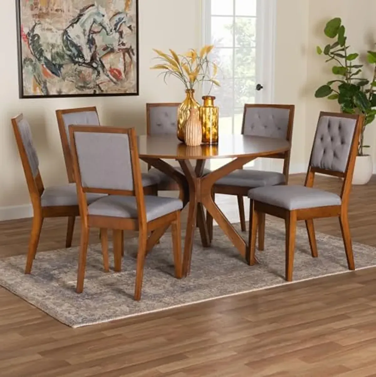 Baxton Studio Mana Modern Grey and Walnut Brown Wood 7-Piece Dining Set